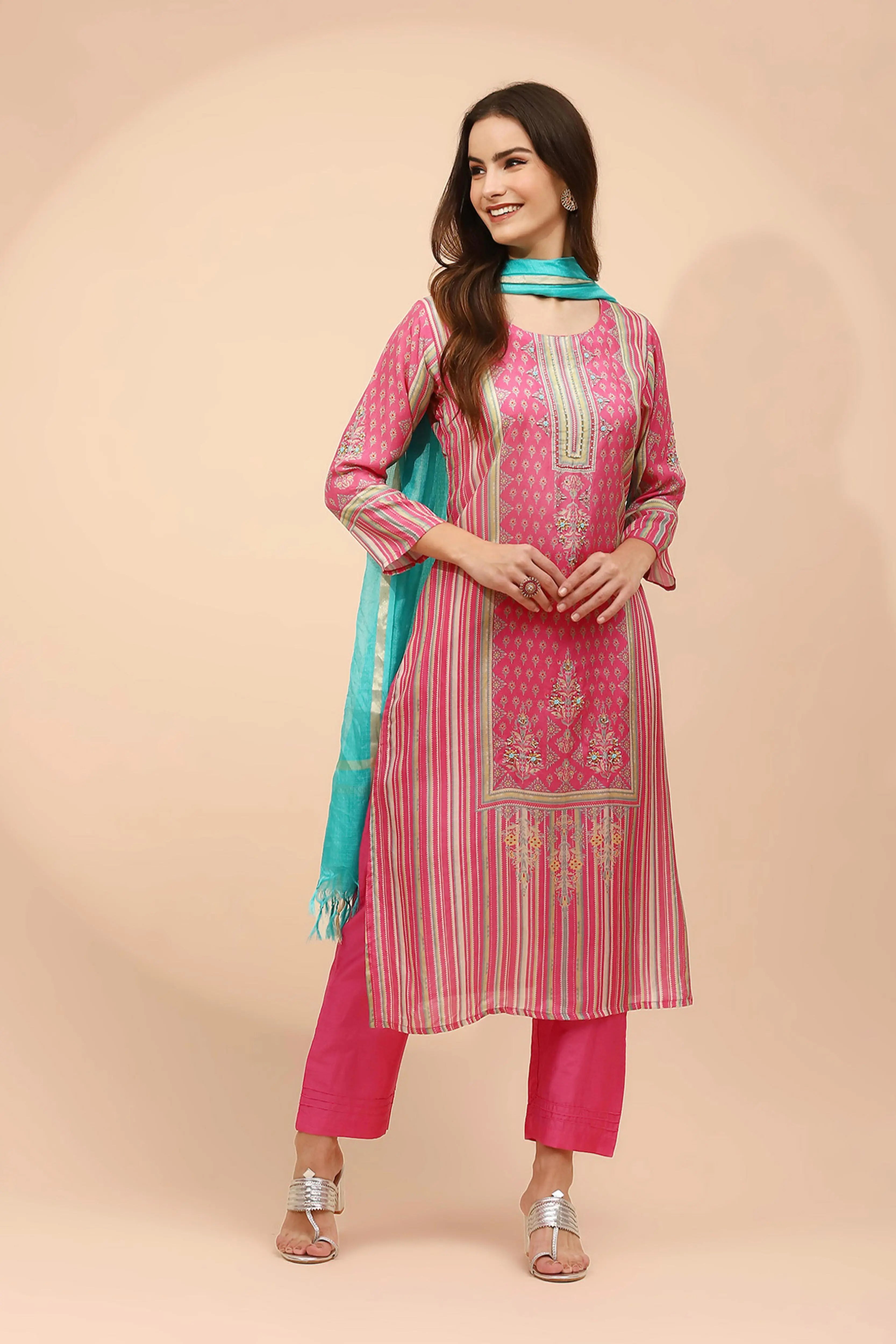 Pink Muslin Embellished Suit Set - Global Republic