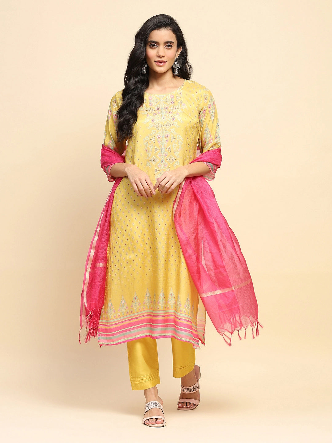 Yellow Muslin Printed & Embroidered Suit Set - Global Republic