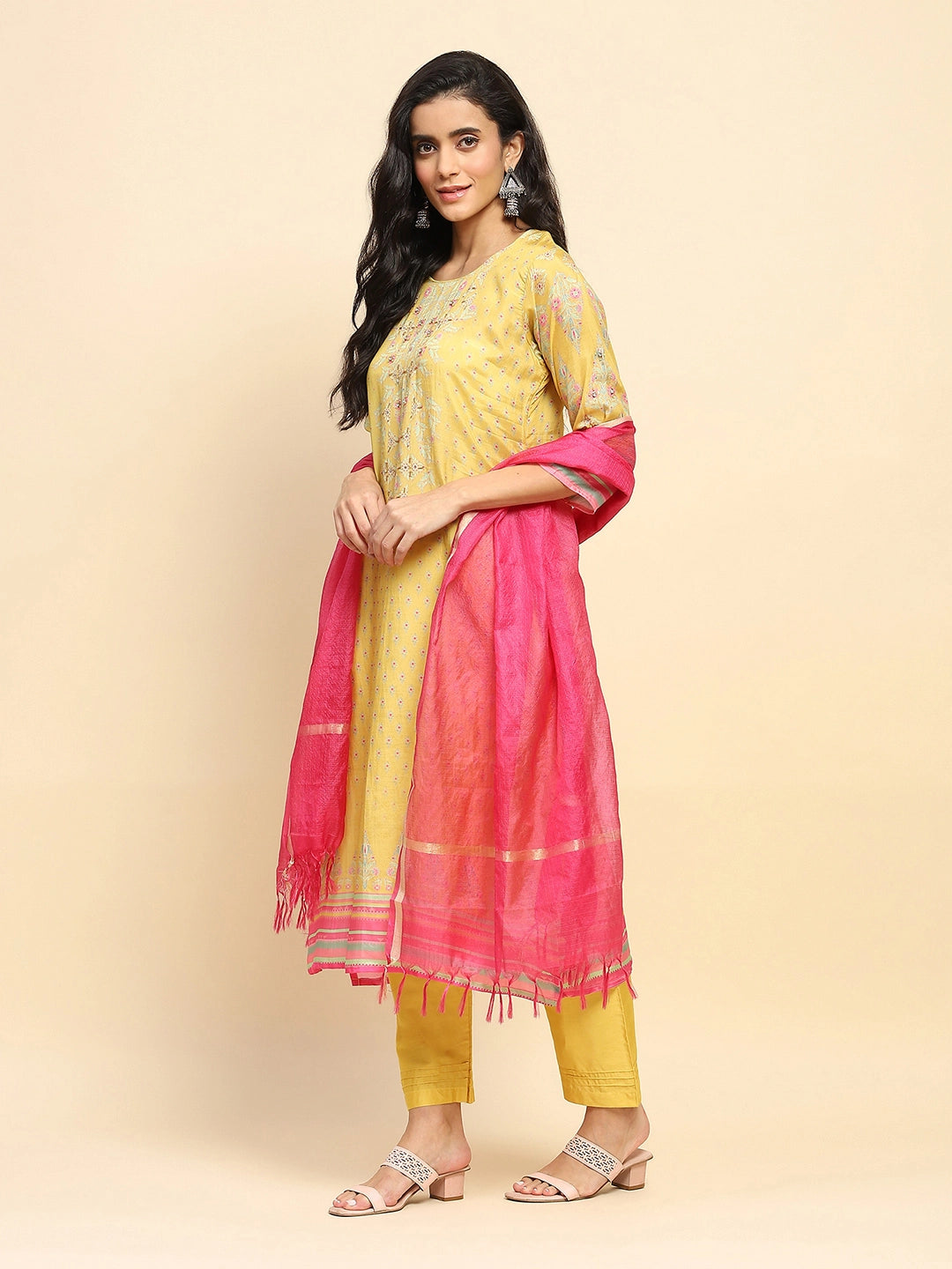 Yellow Muslin Printed & Embroidered Suit Set - Global Republic