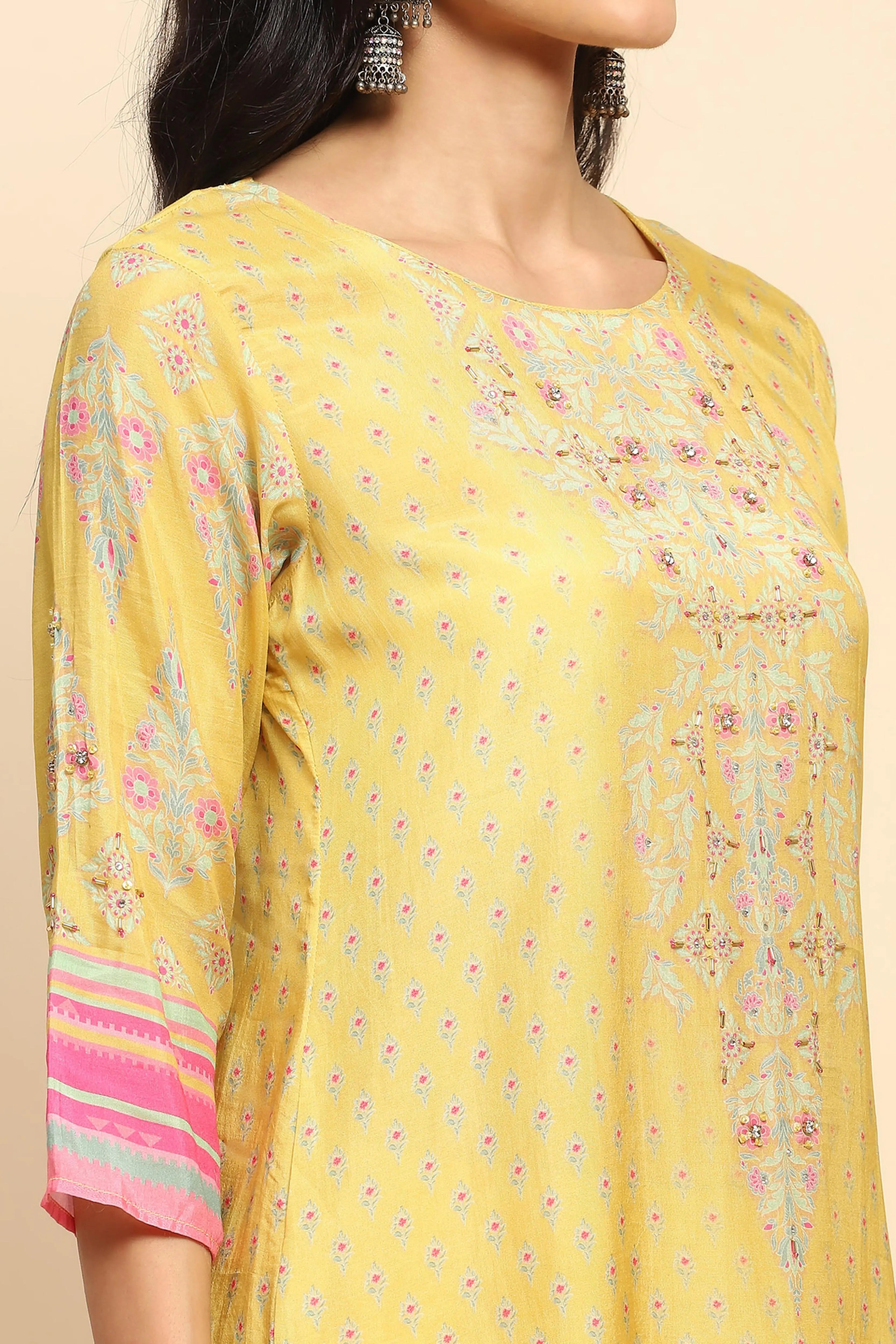 Yellow Muslin Printed & Embroidered Suit Set - Global Republic