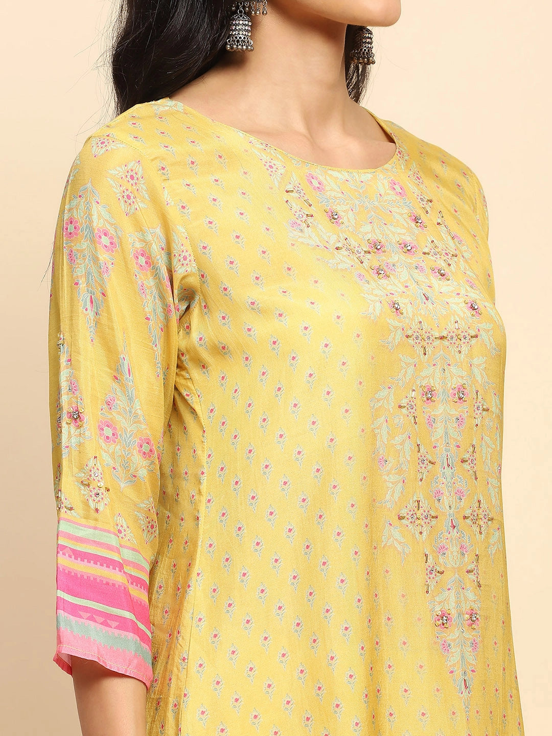 Yellow Muslin Printed & Embroidered Suit Set - Global Republic