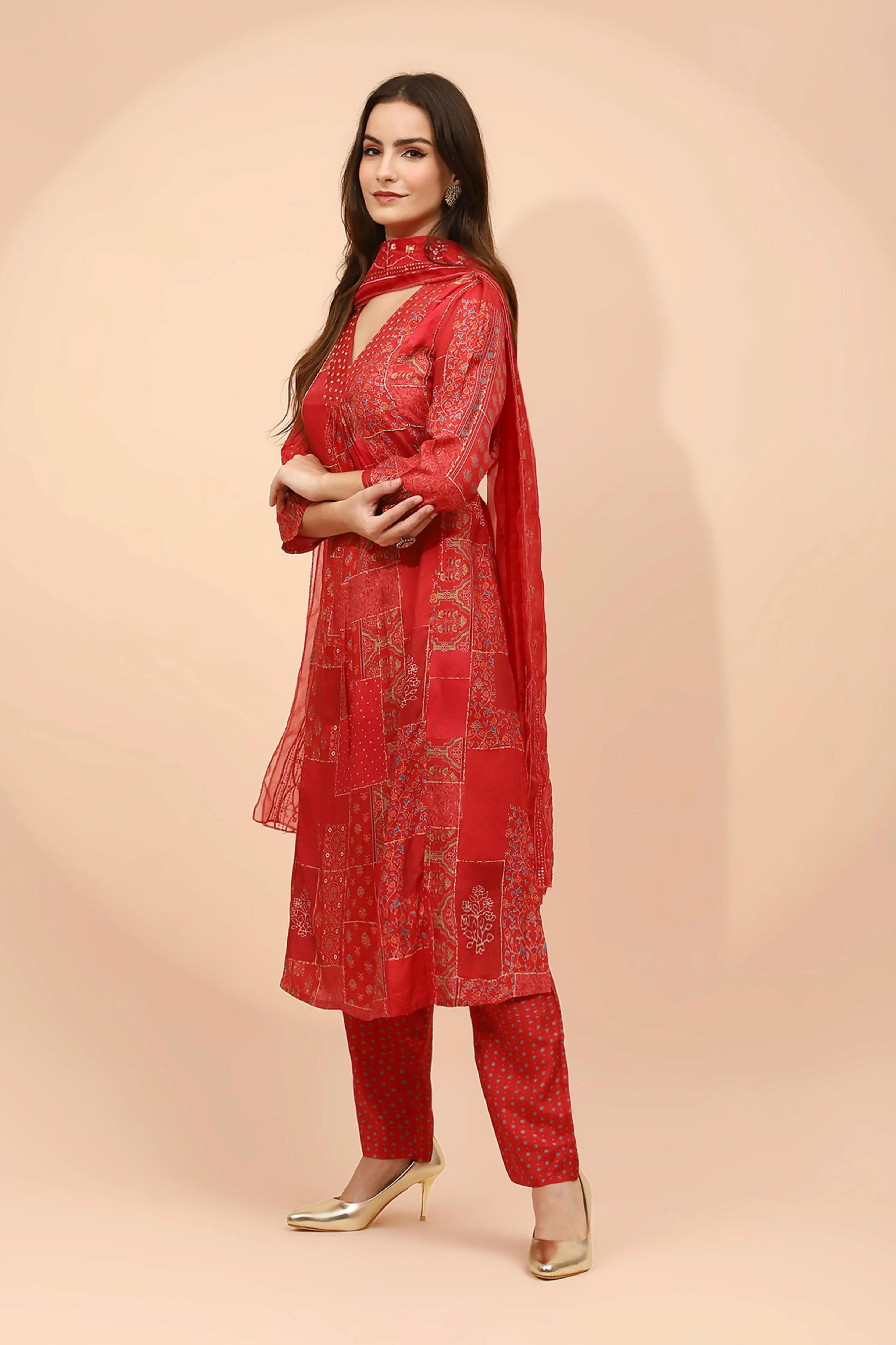 Red Muslin Printed Embellished Suit Set - Global Republic