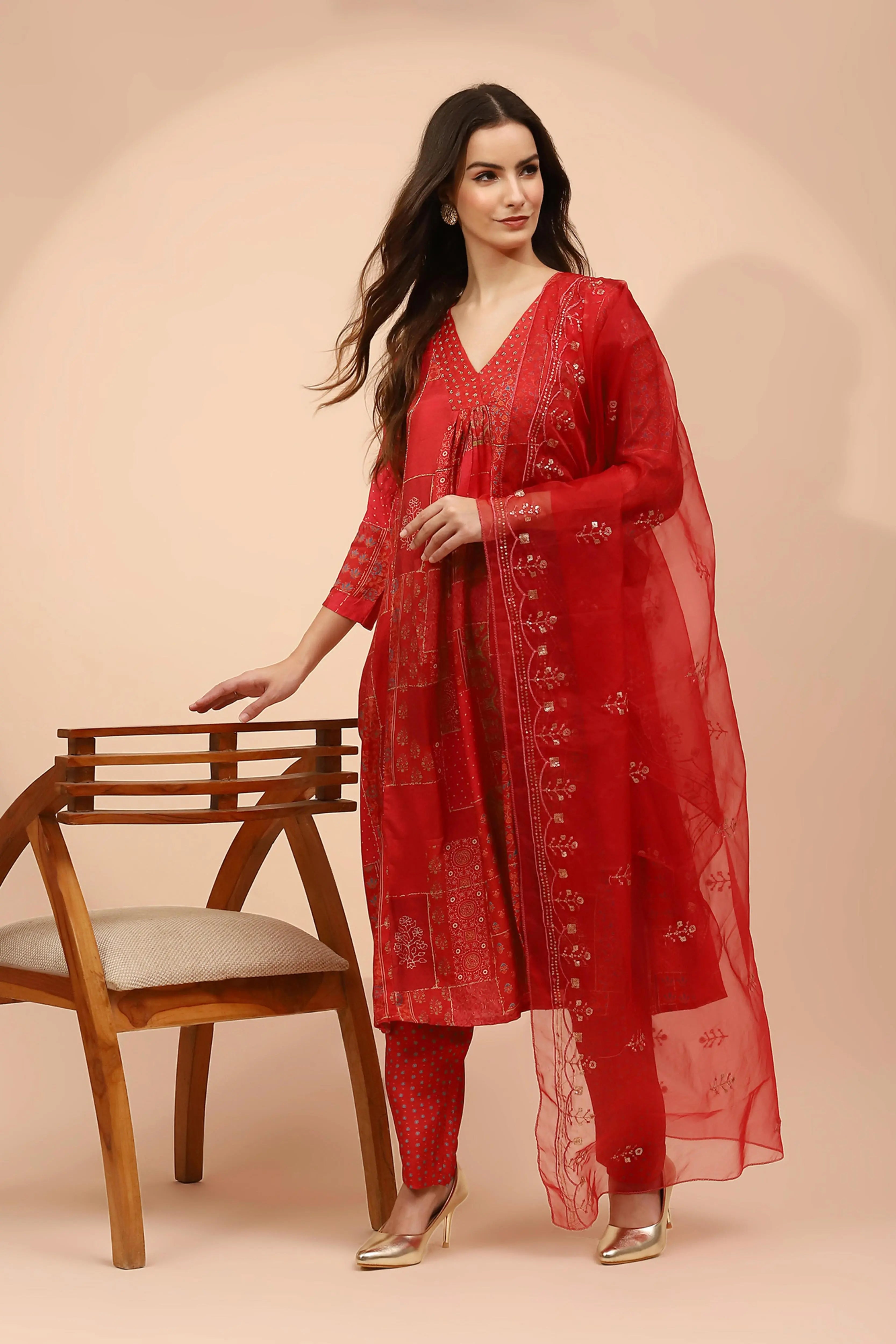 Red Muslin Printed Embellished Suit Set - Global Republic