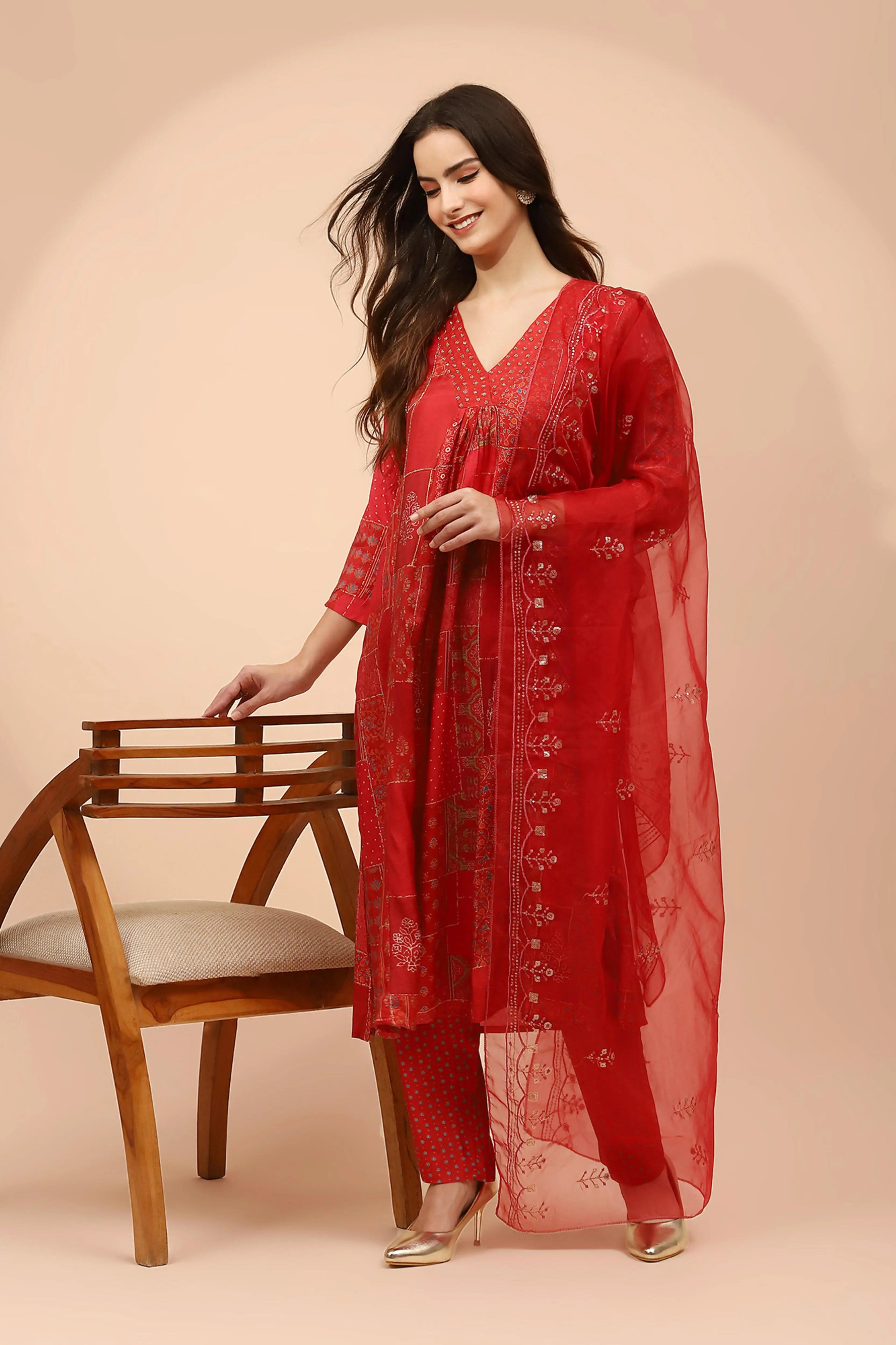 Red Muslin Printed Embellished Suit Set - Global Republic
