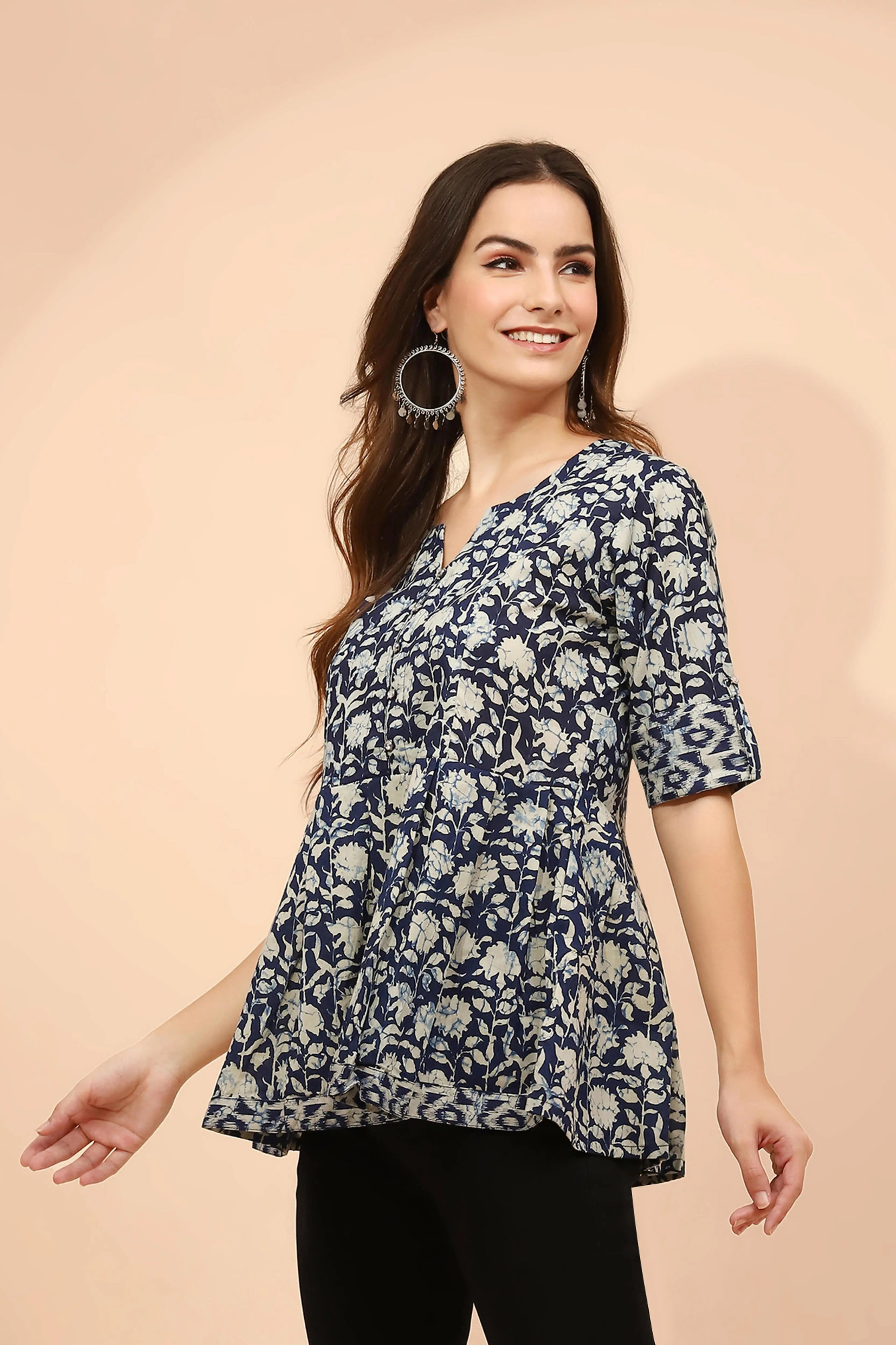 Indigo Floral Printed Cotton Tunic - Global Republic