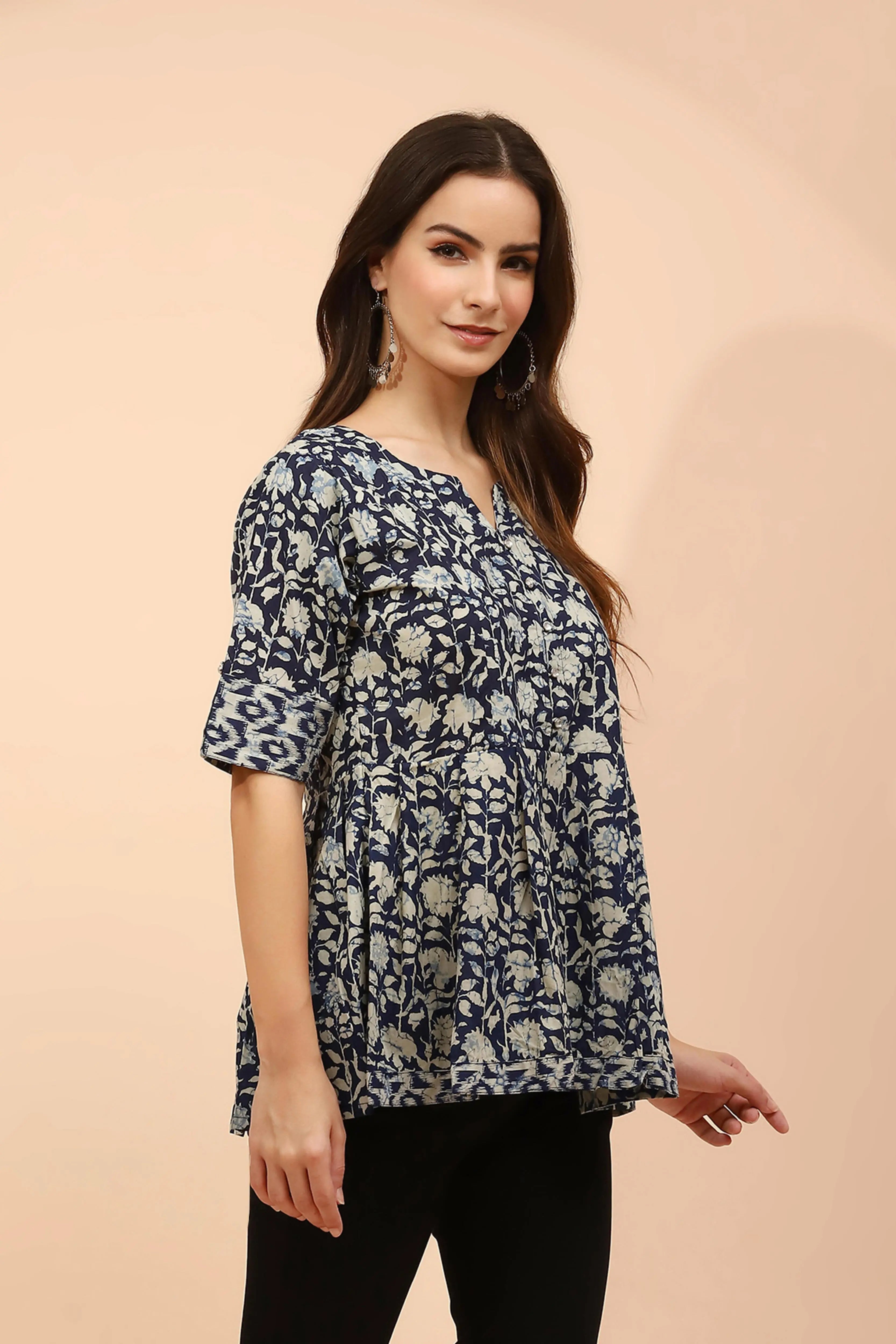 Indigo Floral Printed Cotton Tunic - Global Republic