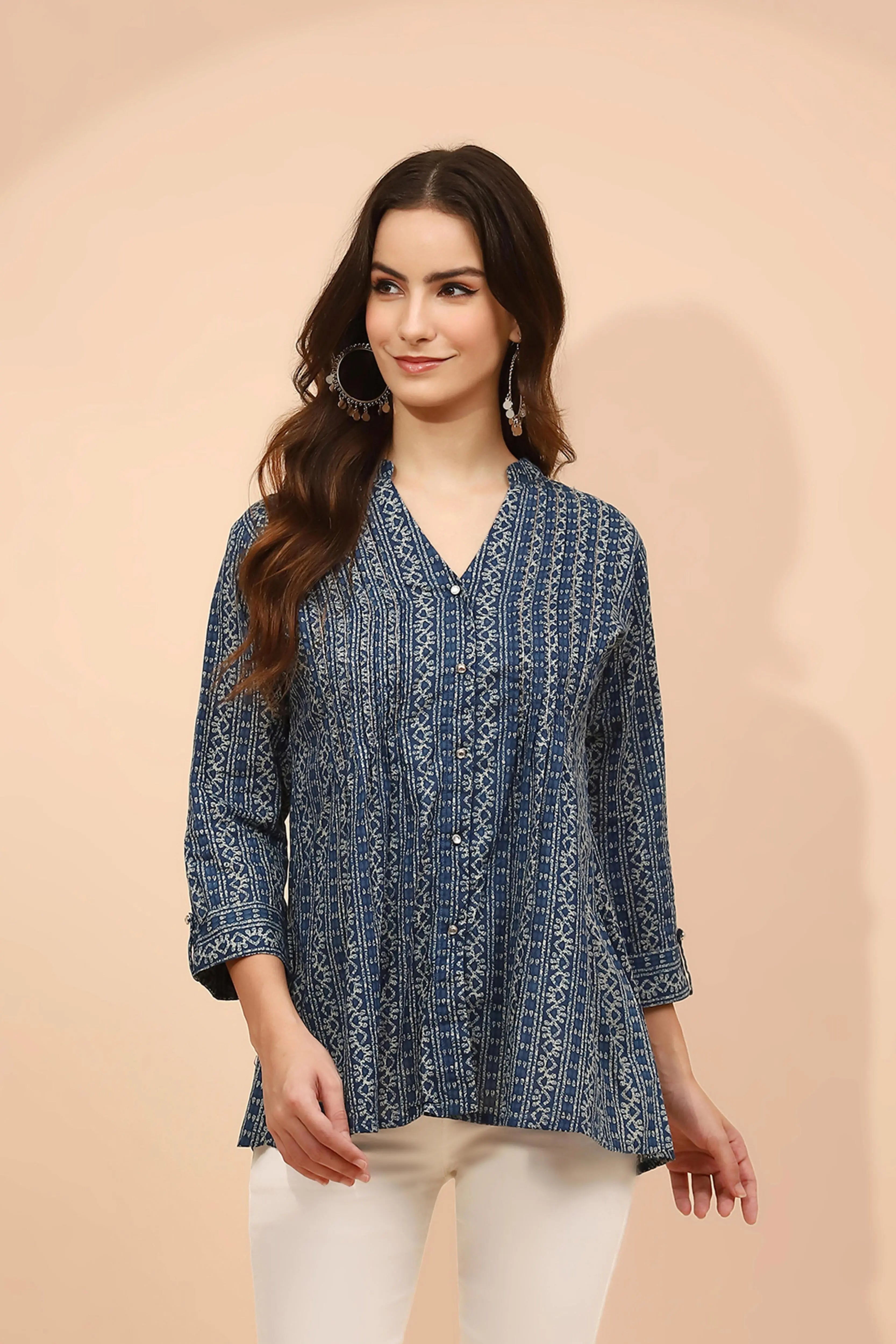 Blue Printed Cotton V-Neck Tunic - Global Republic