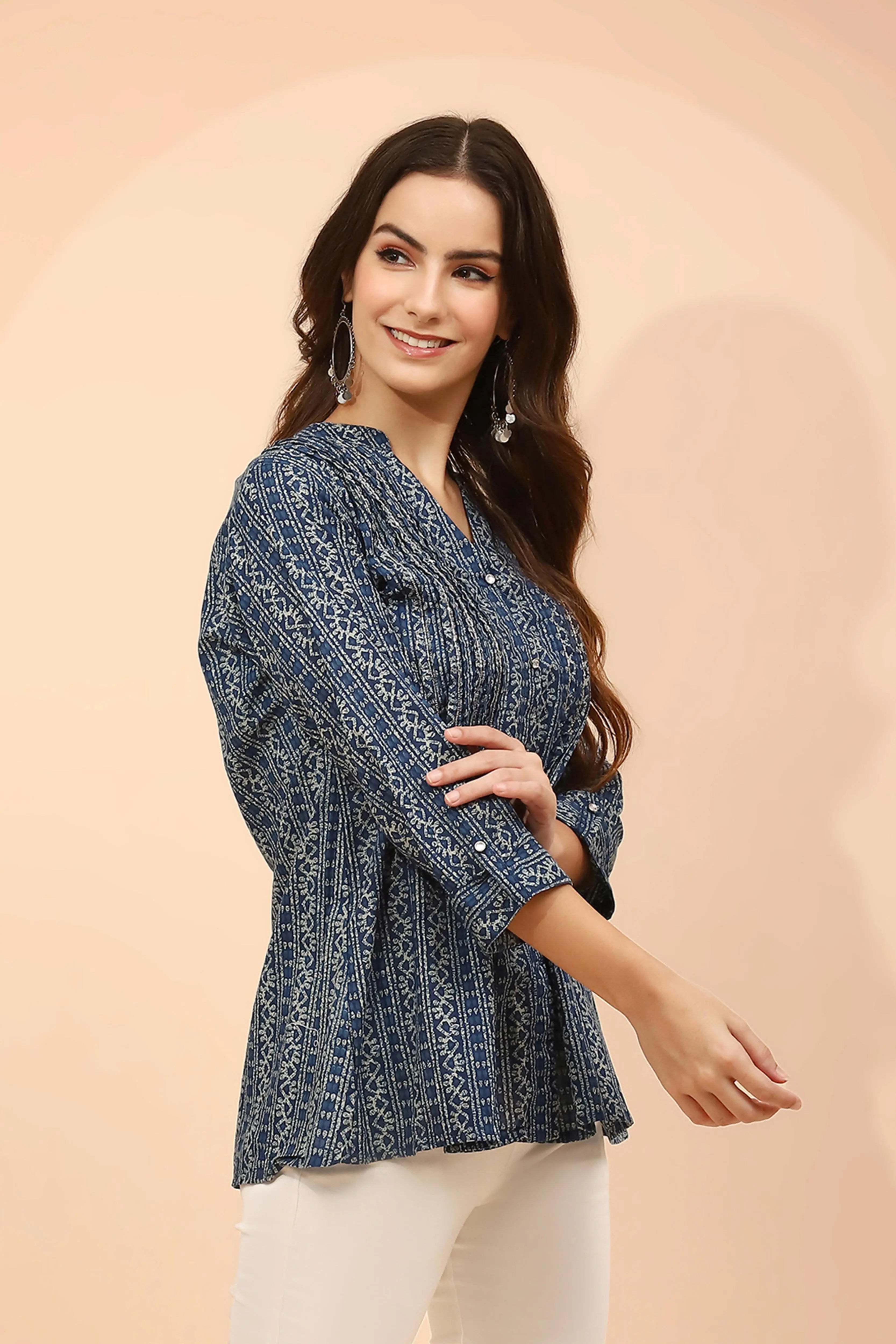 Blue Printed Cotton V-Neck Tunic - Global Republic
