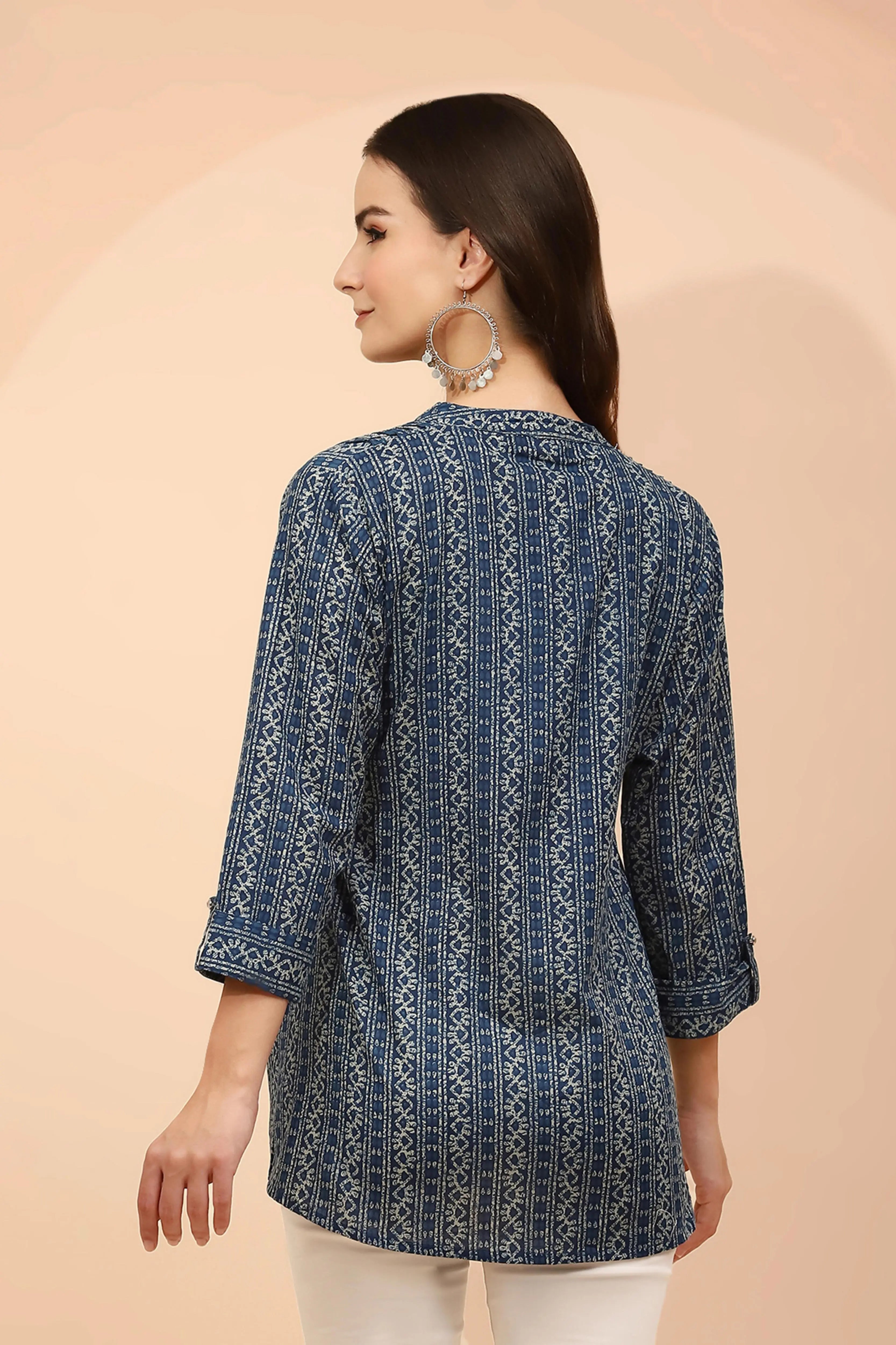 Blue Printed Cotton V-Neck Tunic - Global Republic