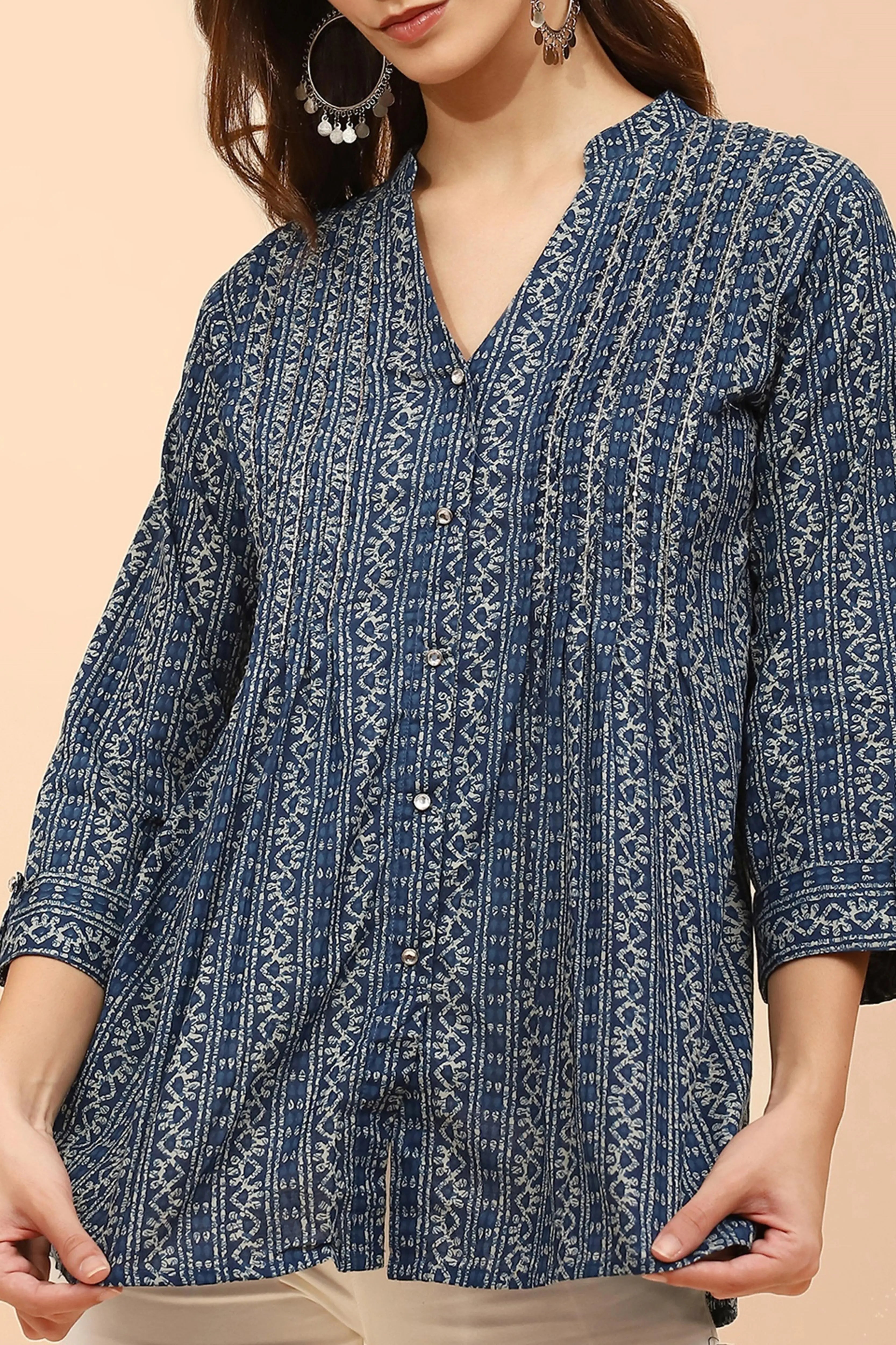 Blue Printed Cotton V-Neck Tunic - Global Republic