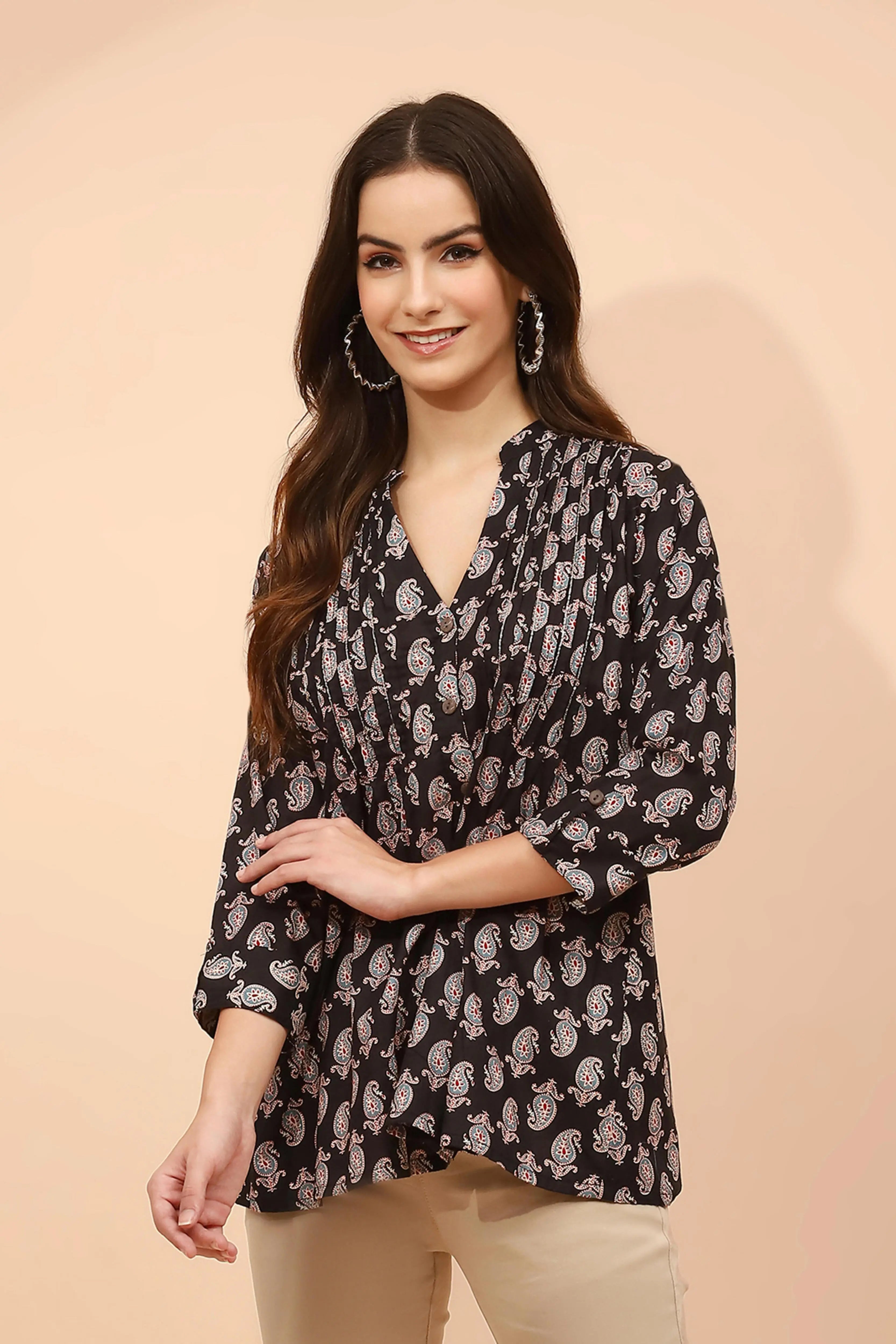 Black Paisley Print Cotton Regular Fit Tunic - Global Republic