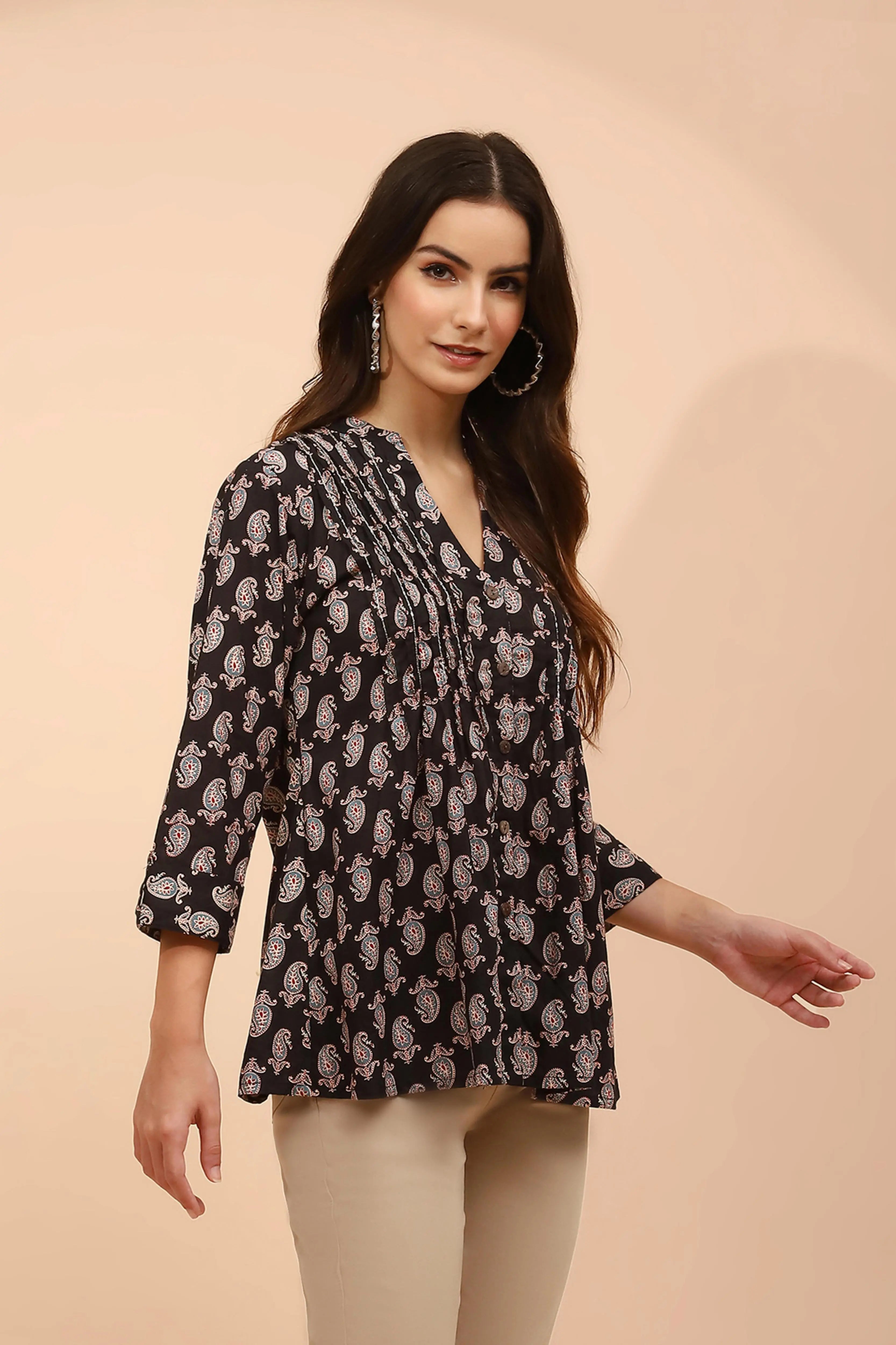 Black Paisley Print Cotton Regular Fit Tunic - Global Republic