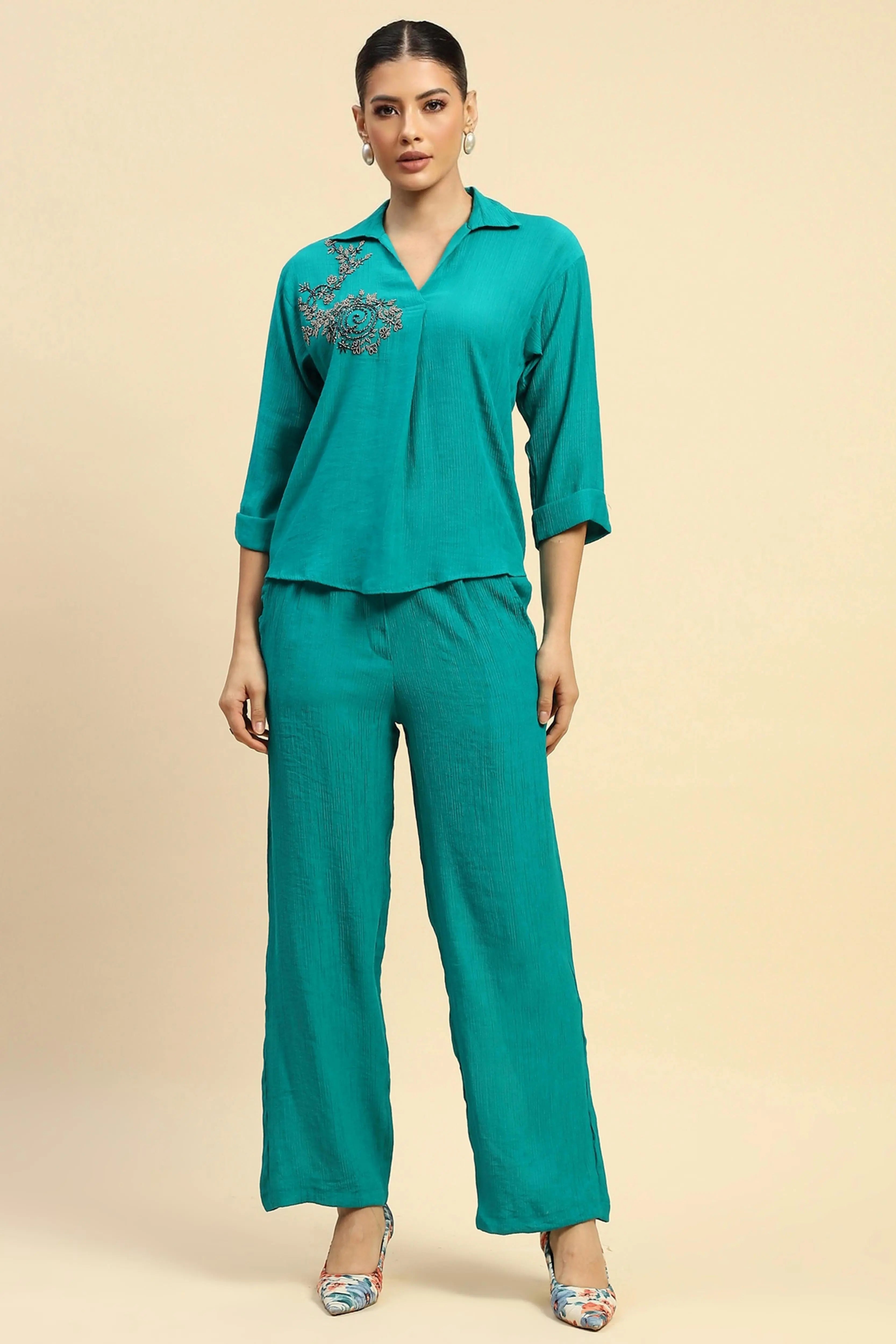 Sea Green Embroidered  Viscose Relaxed Fit Co-ord Set - Global Republic