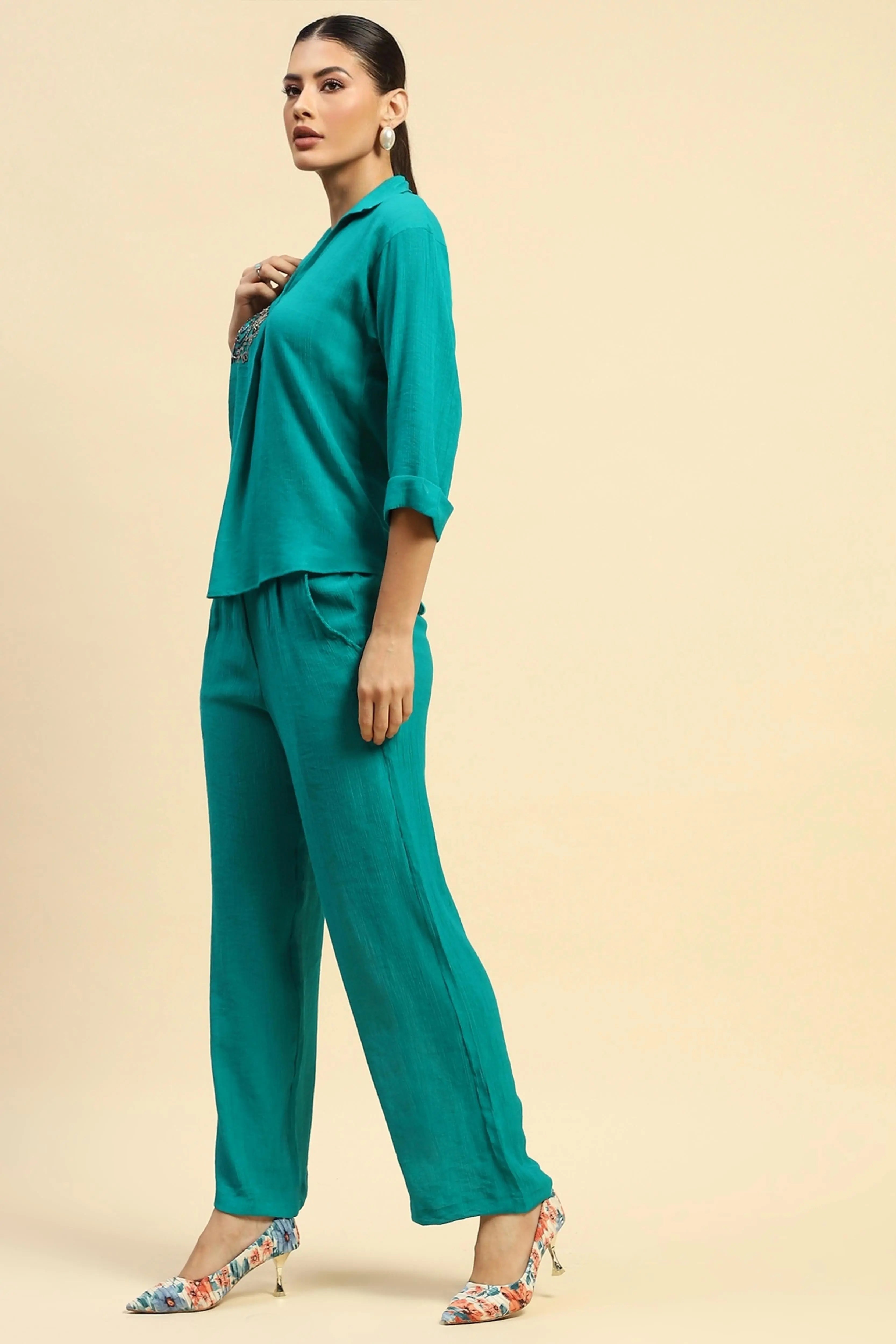 Sea Green Embroidered  Viscose Relaxed Fit Co-ord Set - Global Republic