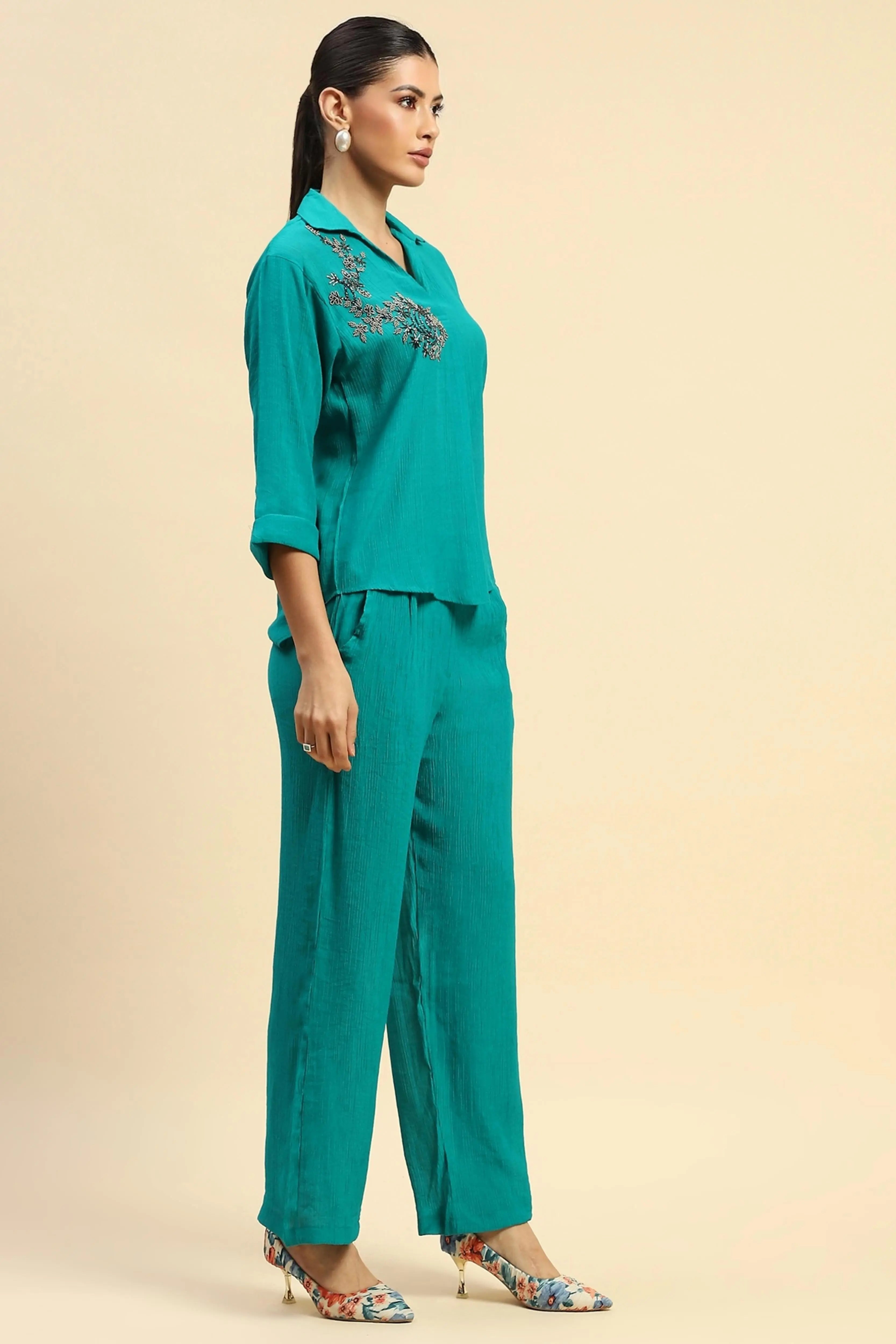 Sea Green Embroidered  Viscose Relaxed Fit Co-ord Set - Global Republic