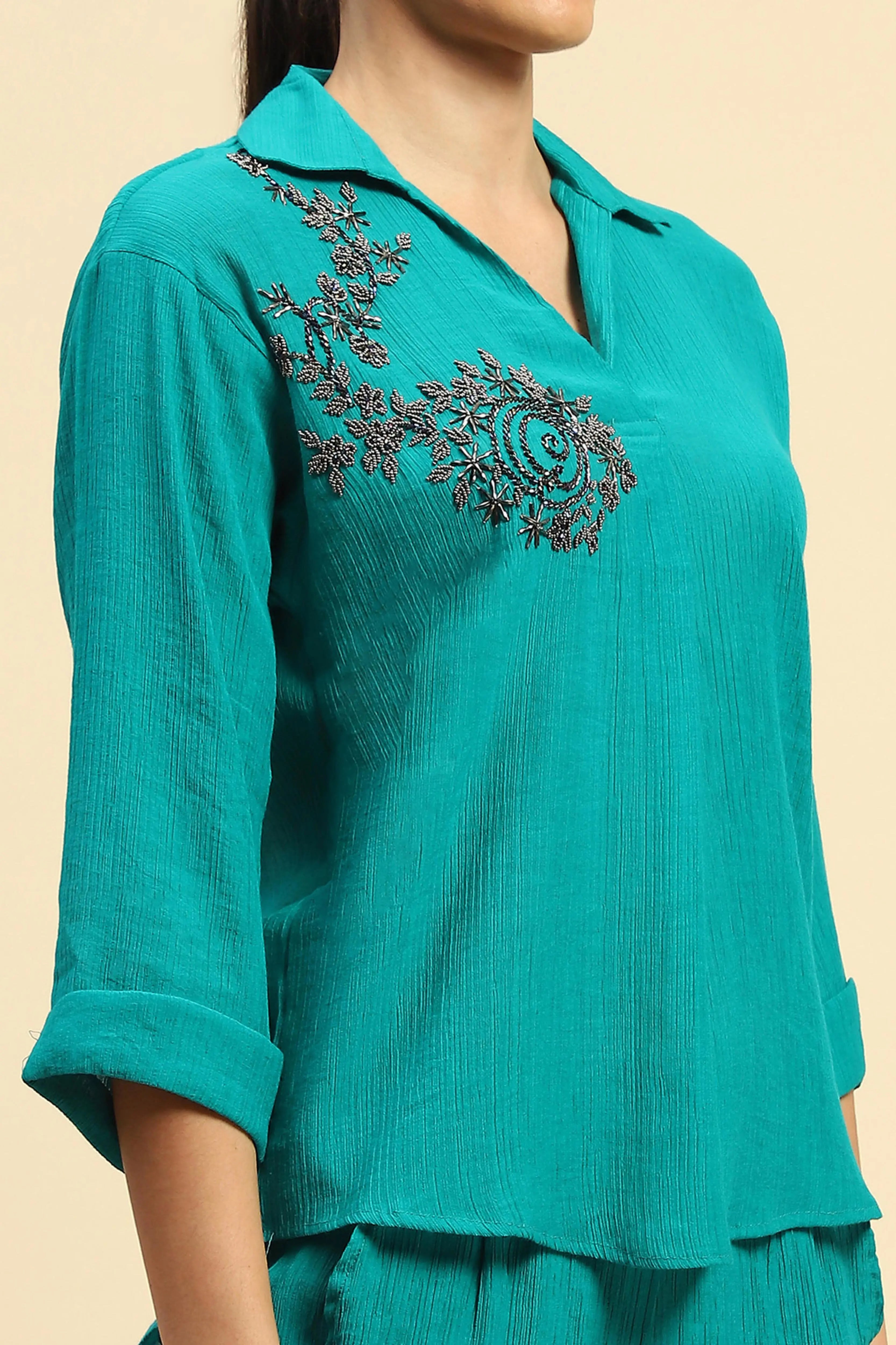 Sea Green Embroidered  Viscose Relaxed Fit Co-ord Set - Global Republic