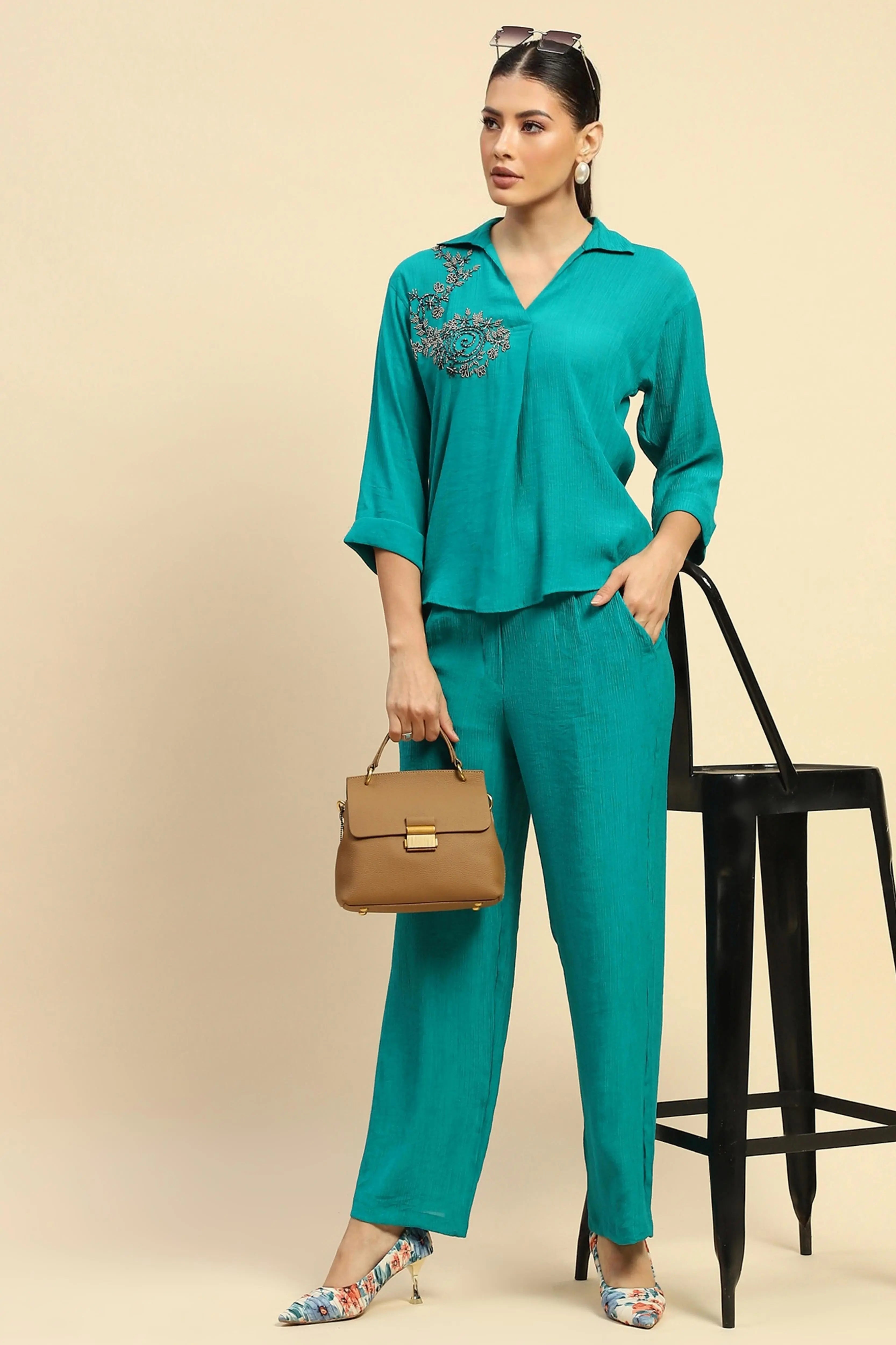 Sea Green Embroidered  Viscose Relaxed Fit Co-ord Set - Global Republic