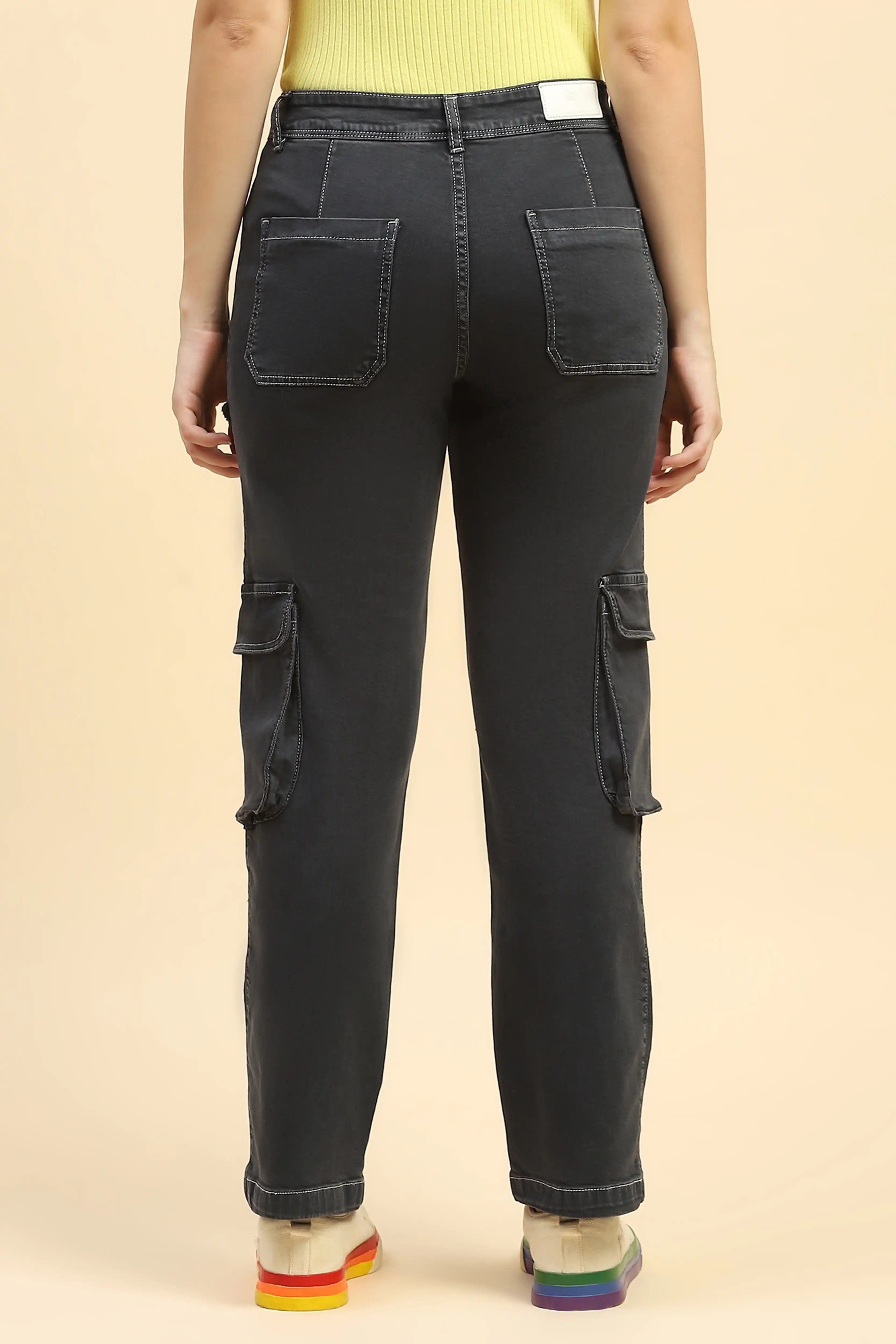 Charcoal Solid Cotton Blend Cargo Jeans