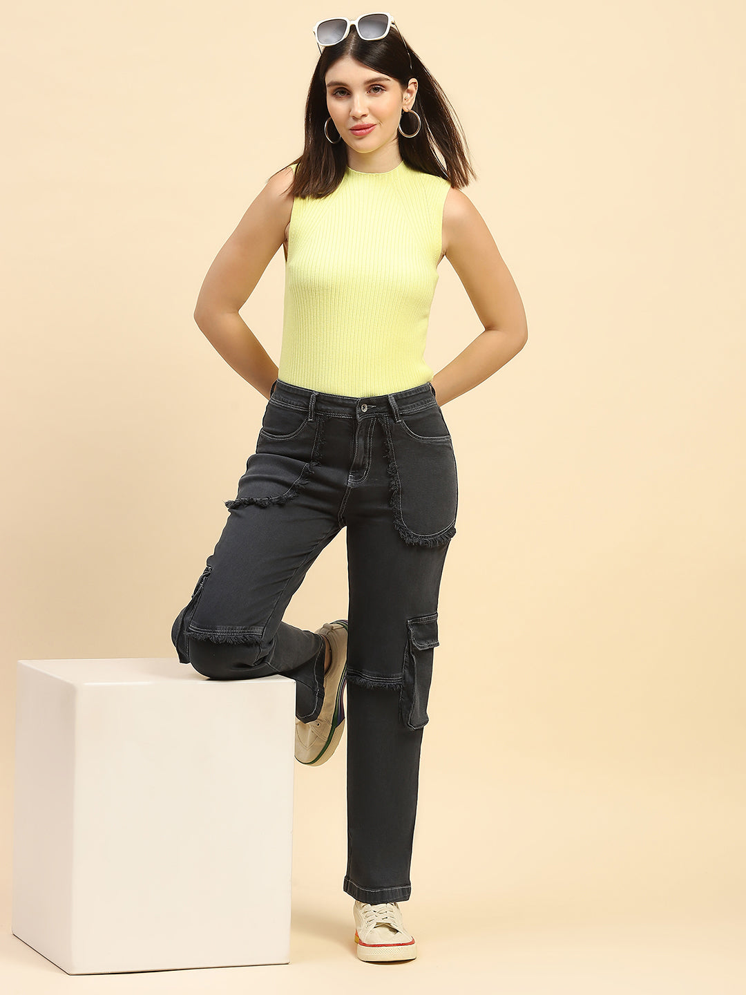 Charcoal Solid Cotton Blend Cargo Jeans - Global Republic