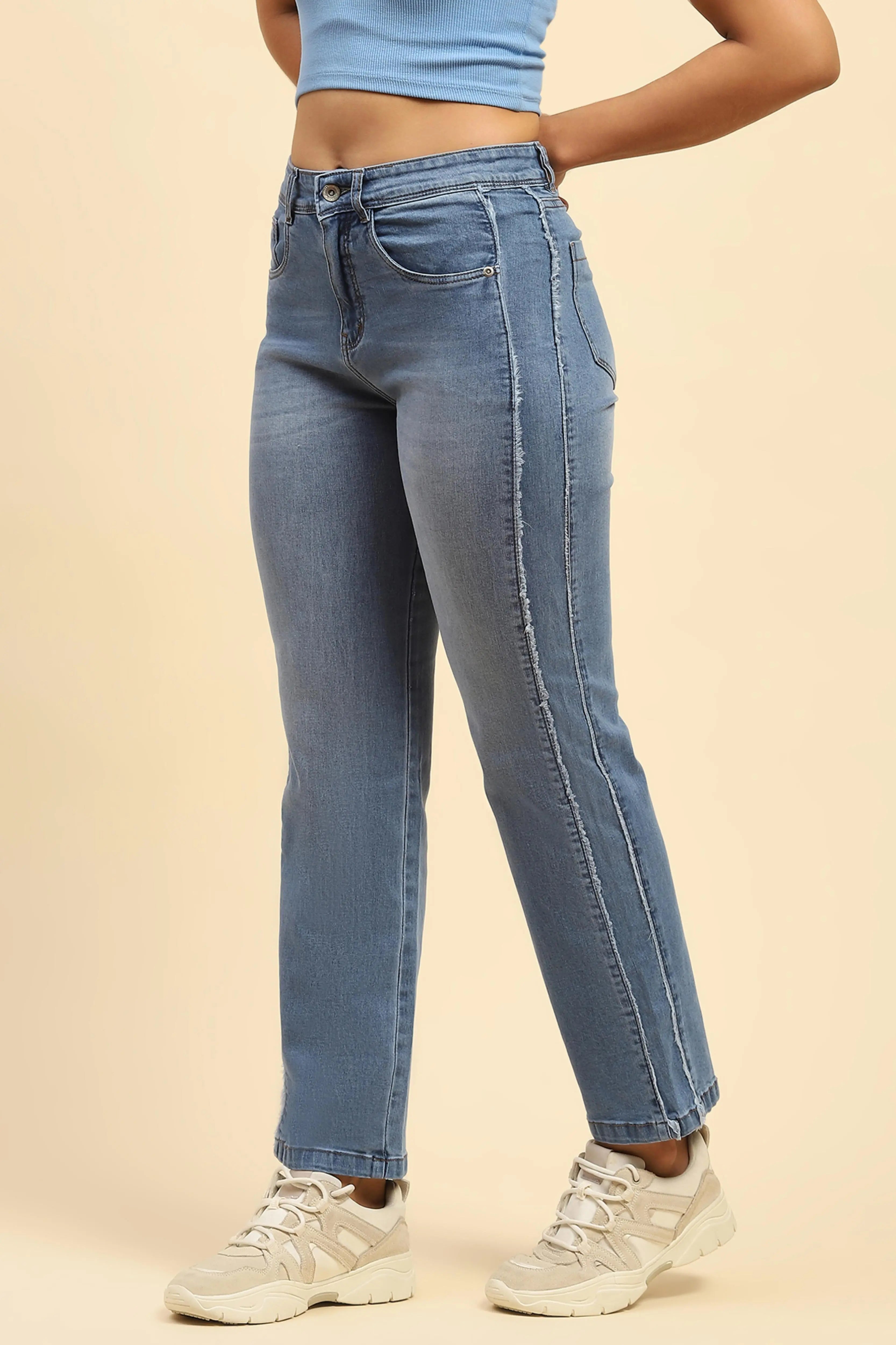 Blue Solid Cotton Blend Straight Fit Jeans - Global Republic