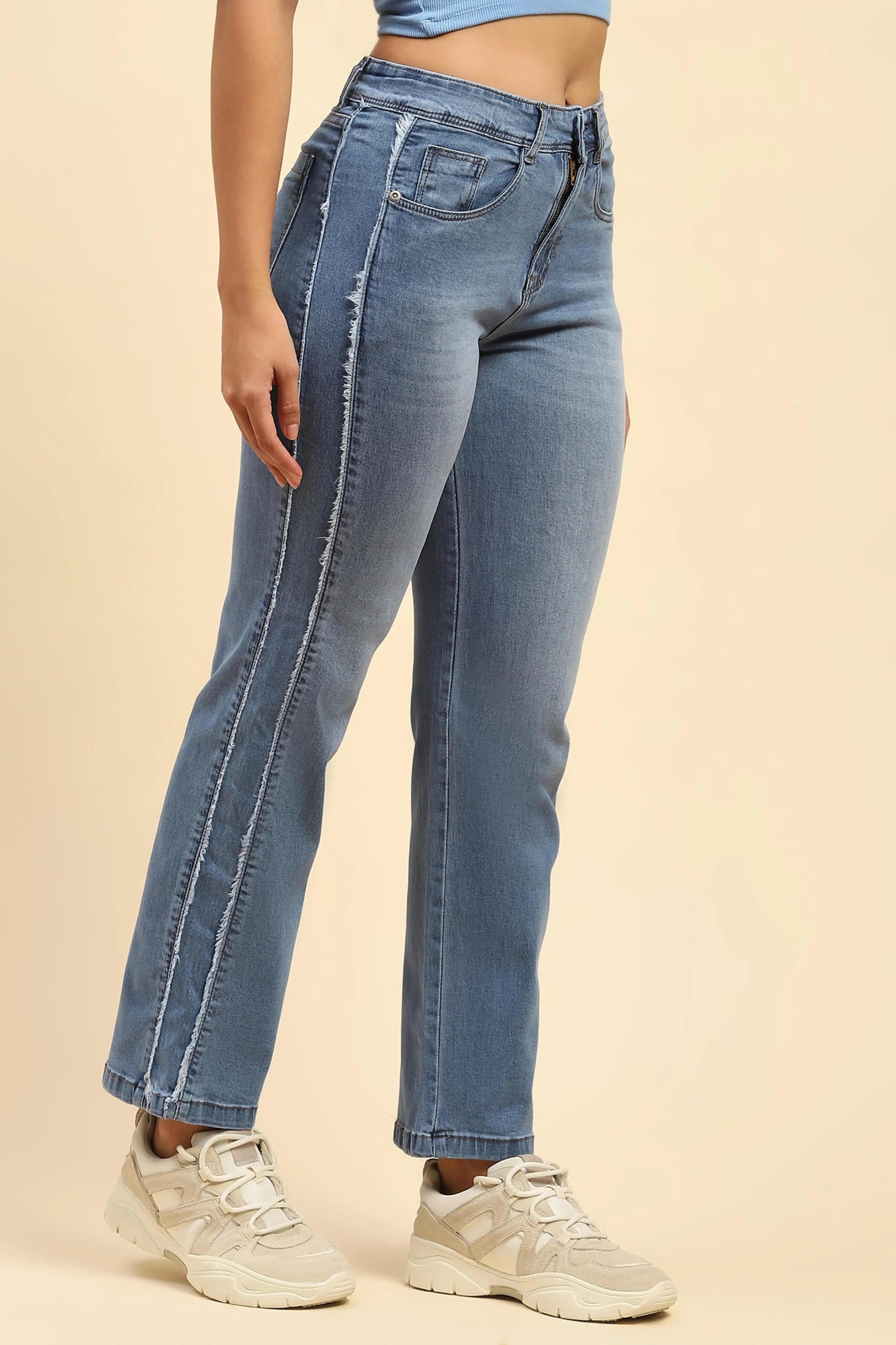 Blue Solid Cotton Blend Straight Fit Jeans - Global Republic