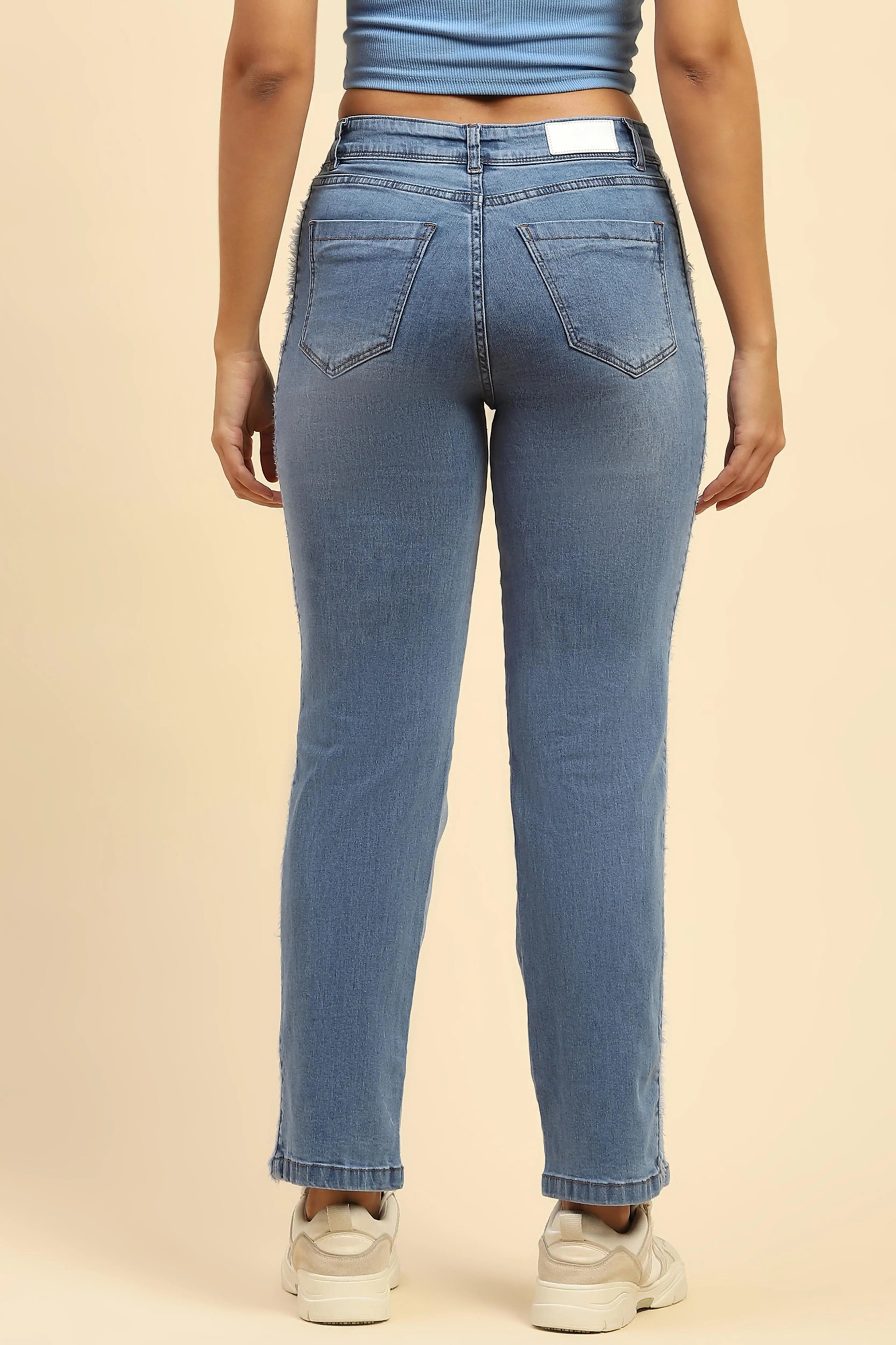 Blue Solid Cotton Blend Straight Fit Jeans - Global Republic