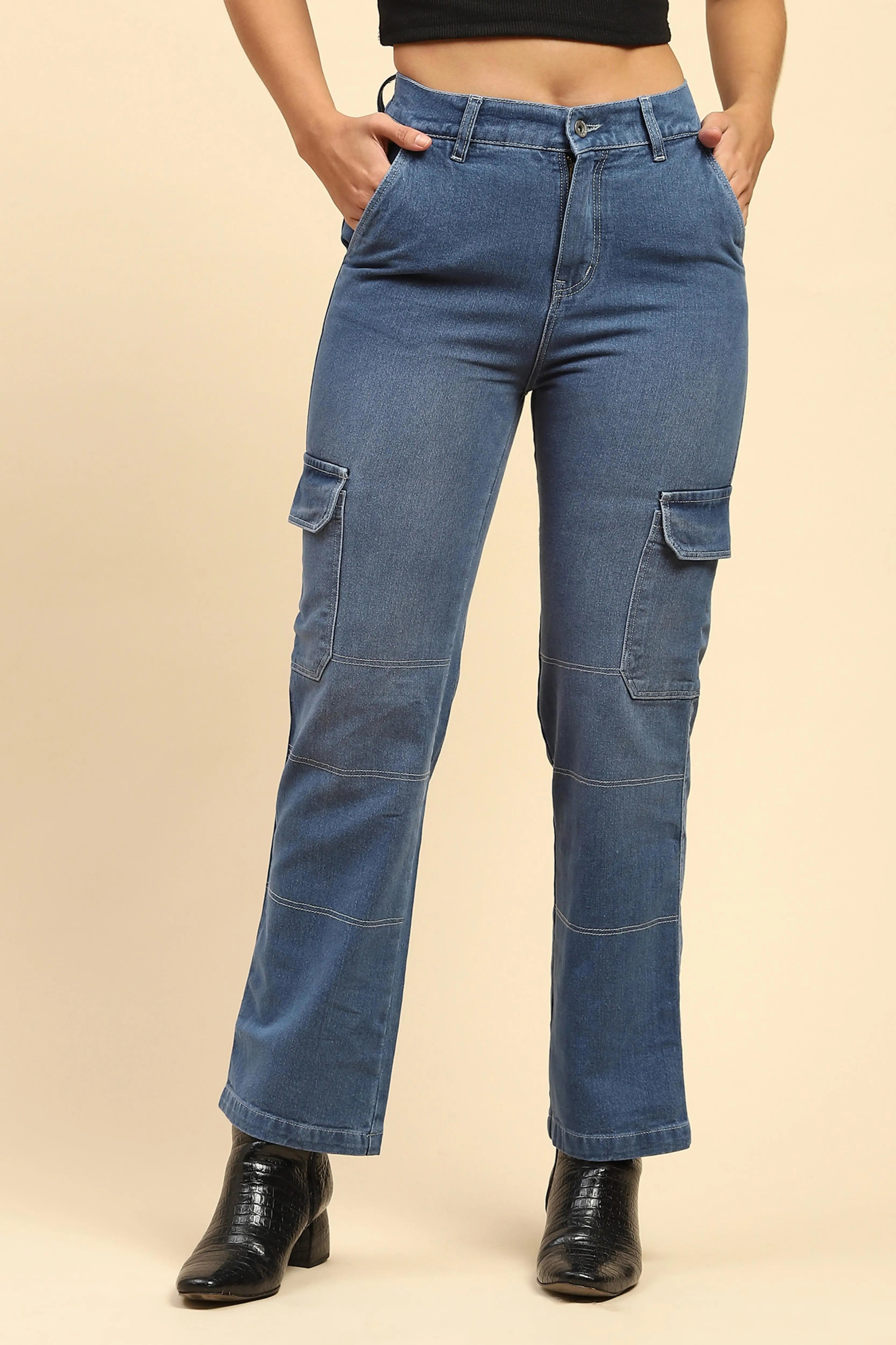 Blue Solid Cotton Blend Straight Fit Cargo - Global Republic