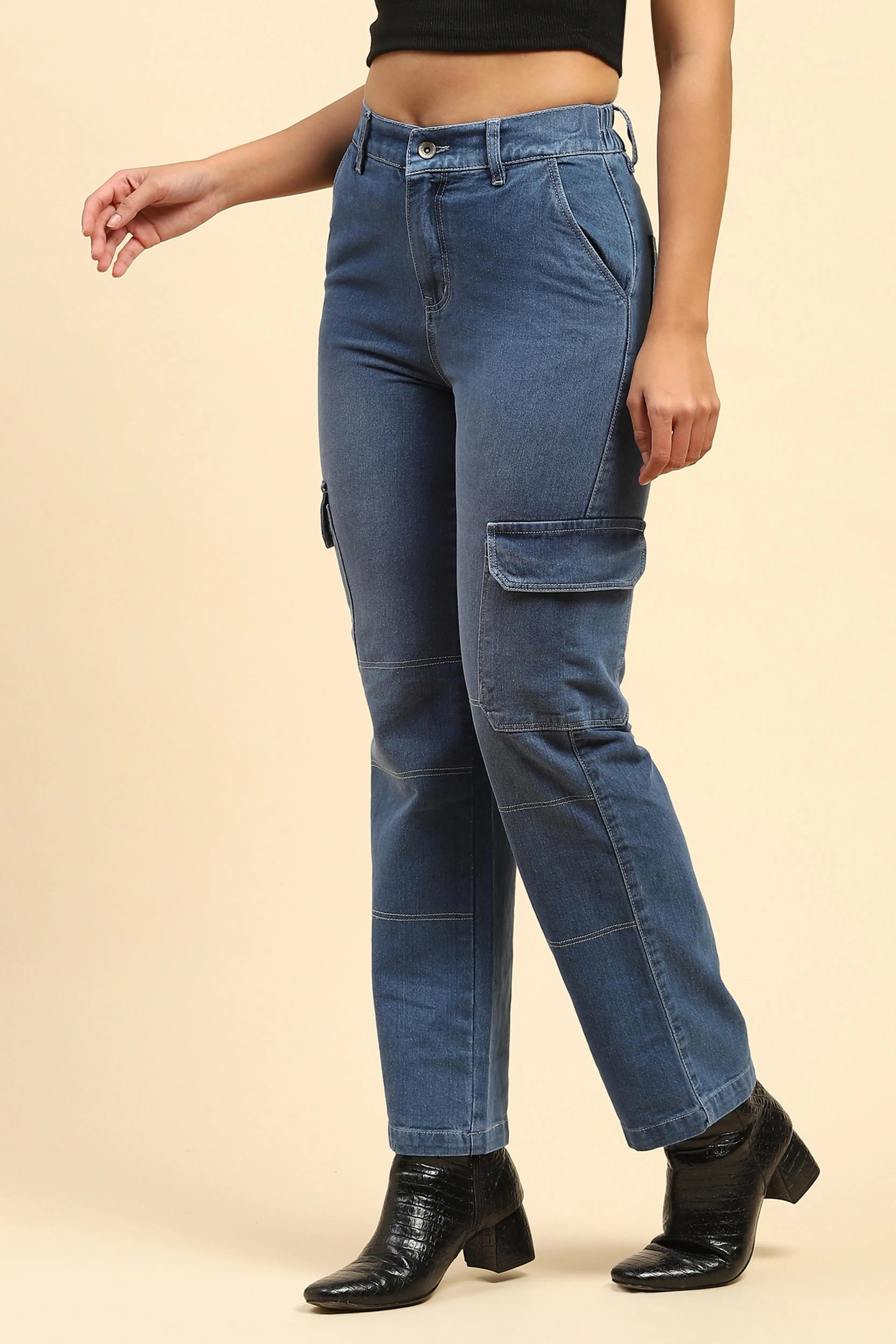 Blue Solid Cotton Blend Straight Fit Cargo - Global Republic