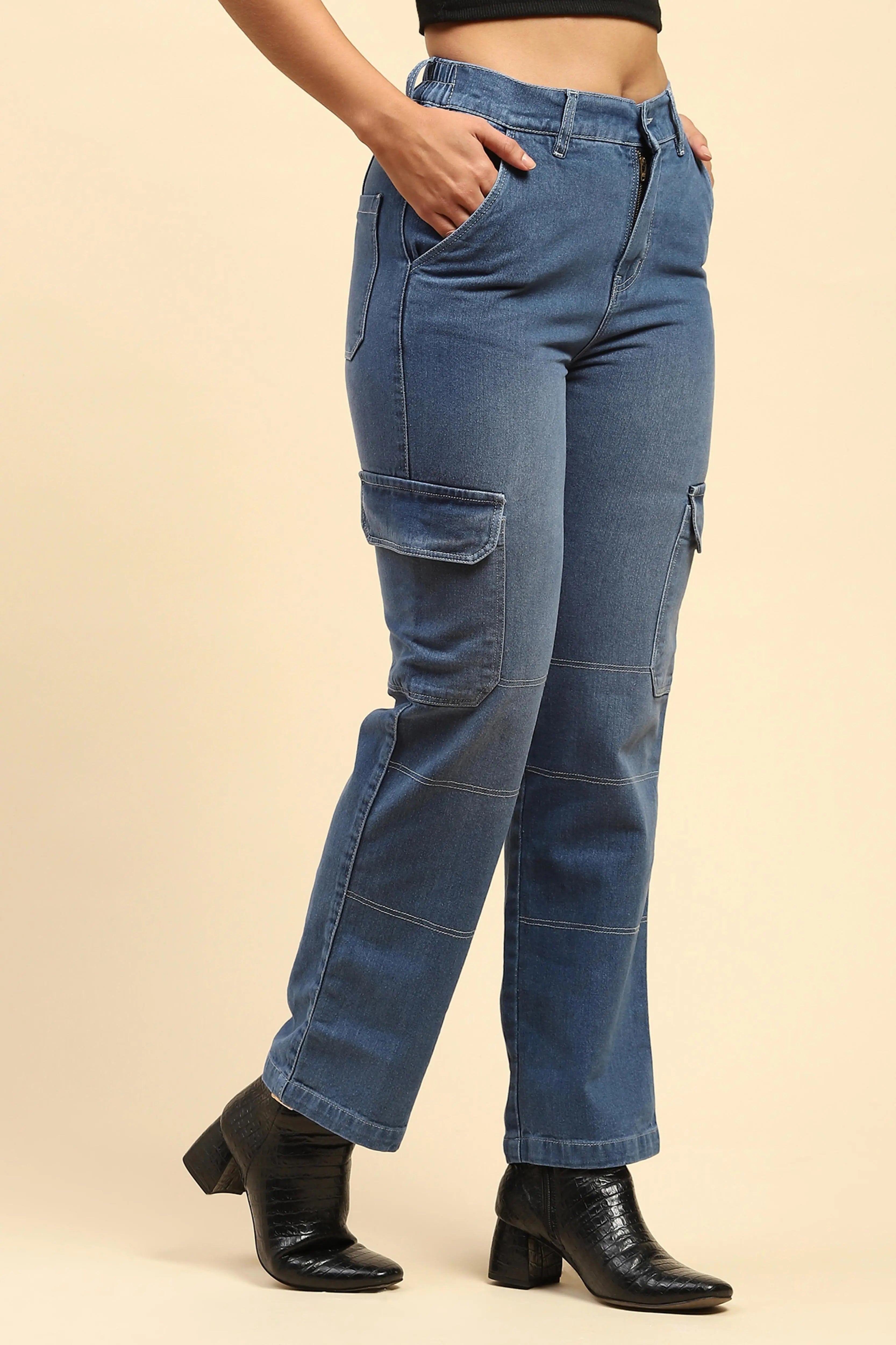 Blue Solid Cotton Blend Straight Fit Cargo - Global Republic