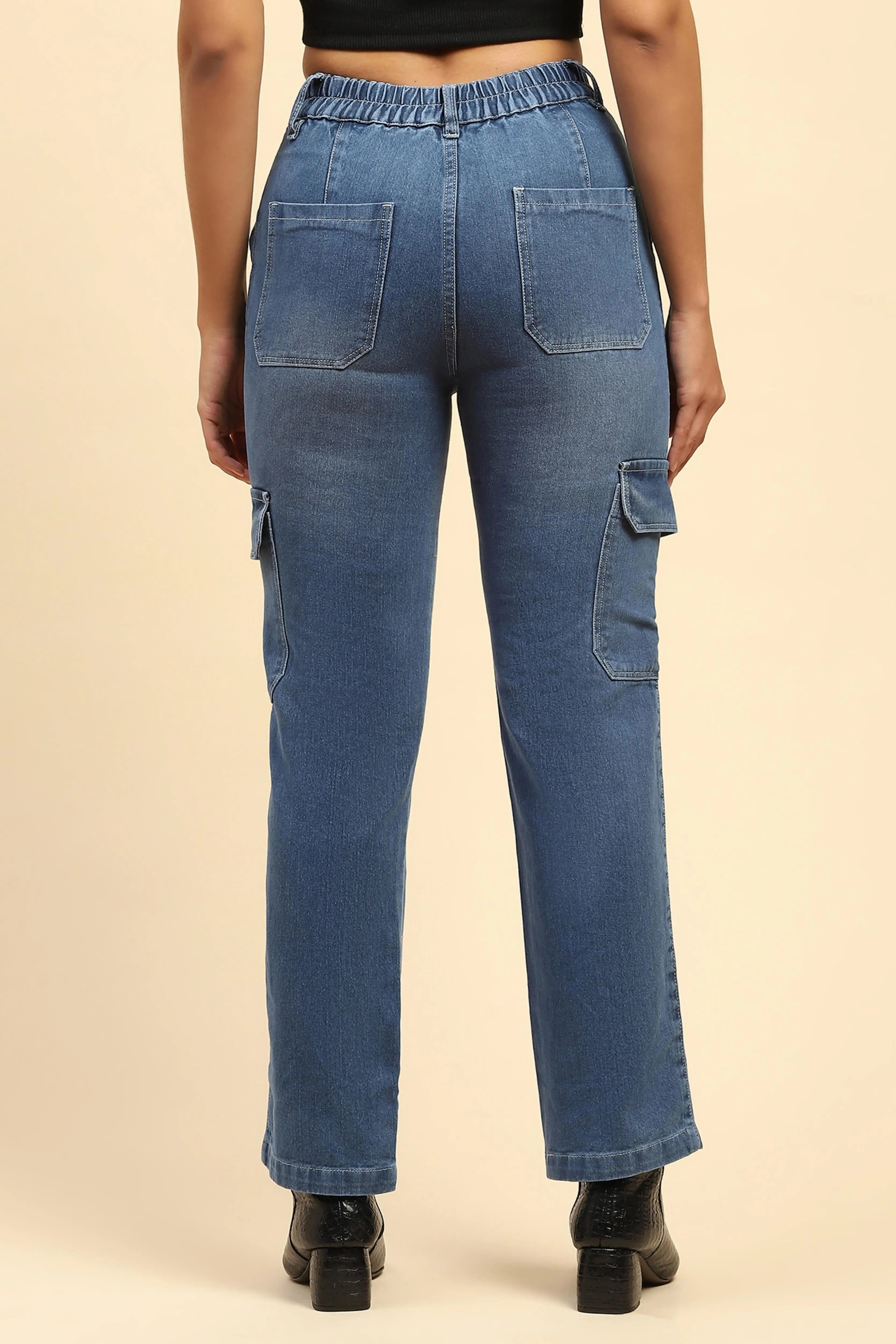 Blue Solid Cotton Blend Straight Fit Cargo - Global Republic