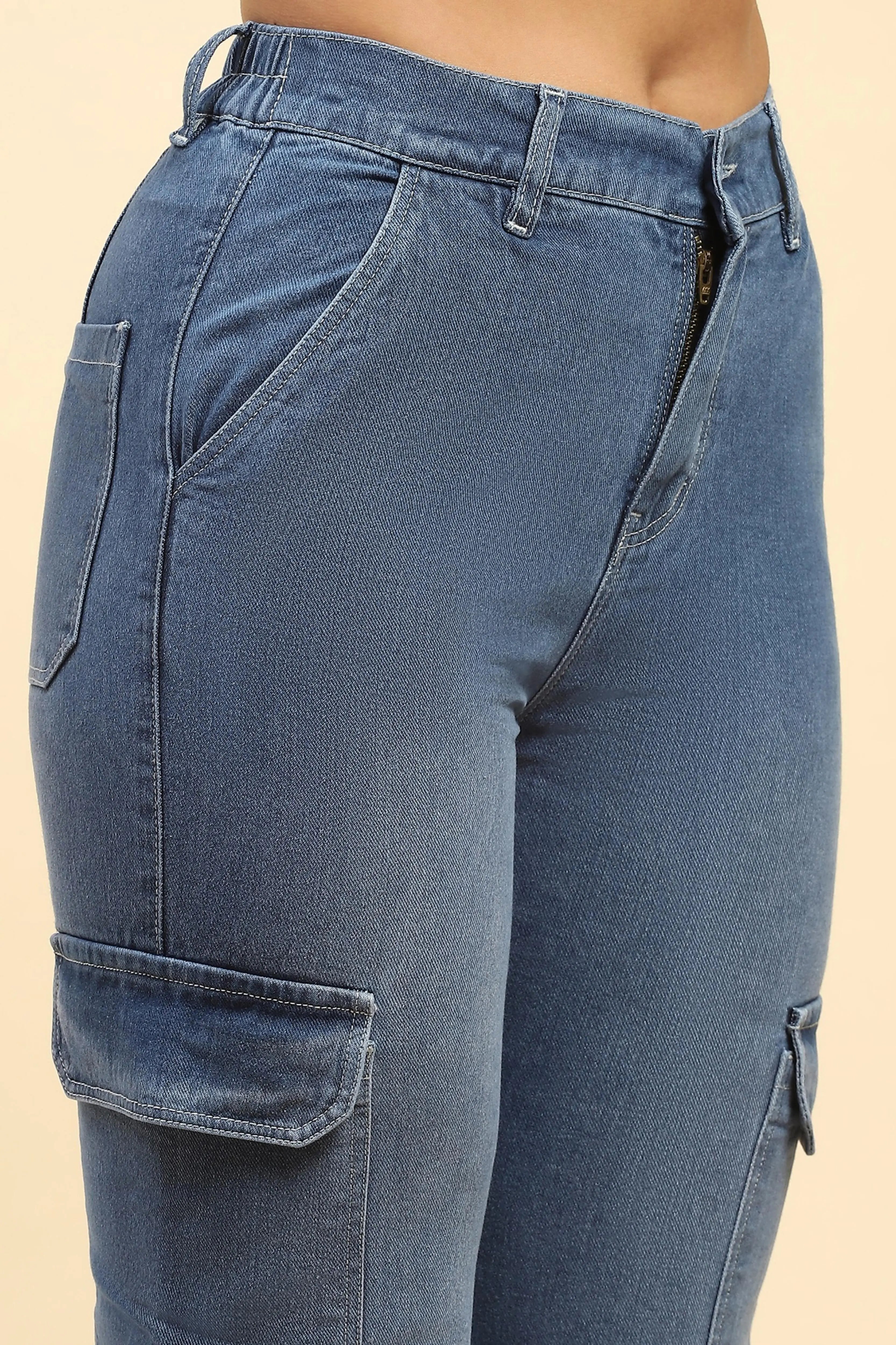 Blue Solid Cotton Blend Straight Fit Cargo - Global Republic