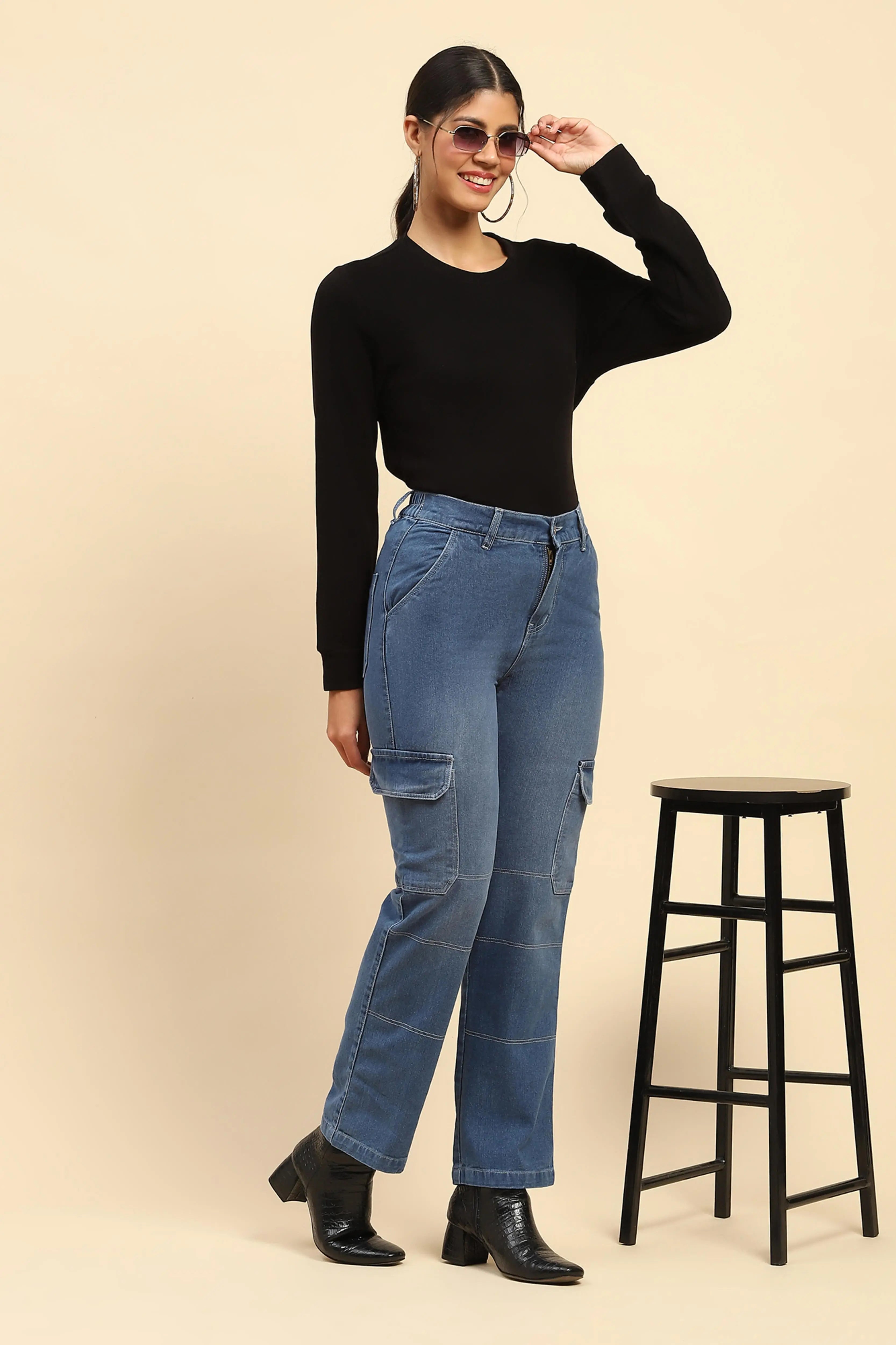 Blue Solid Cotton Blend Straight Fit Cargo - Global Republic