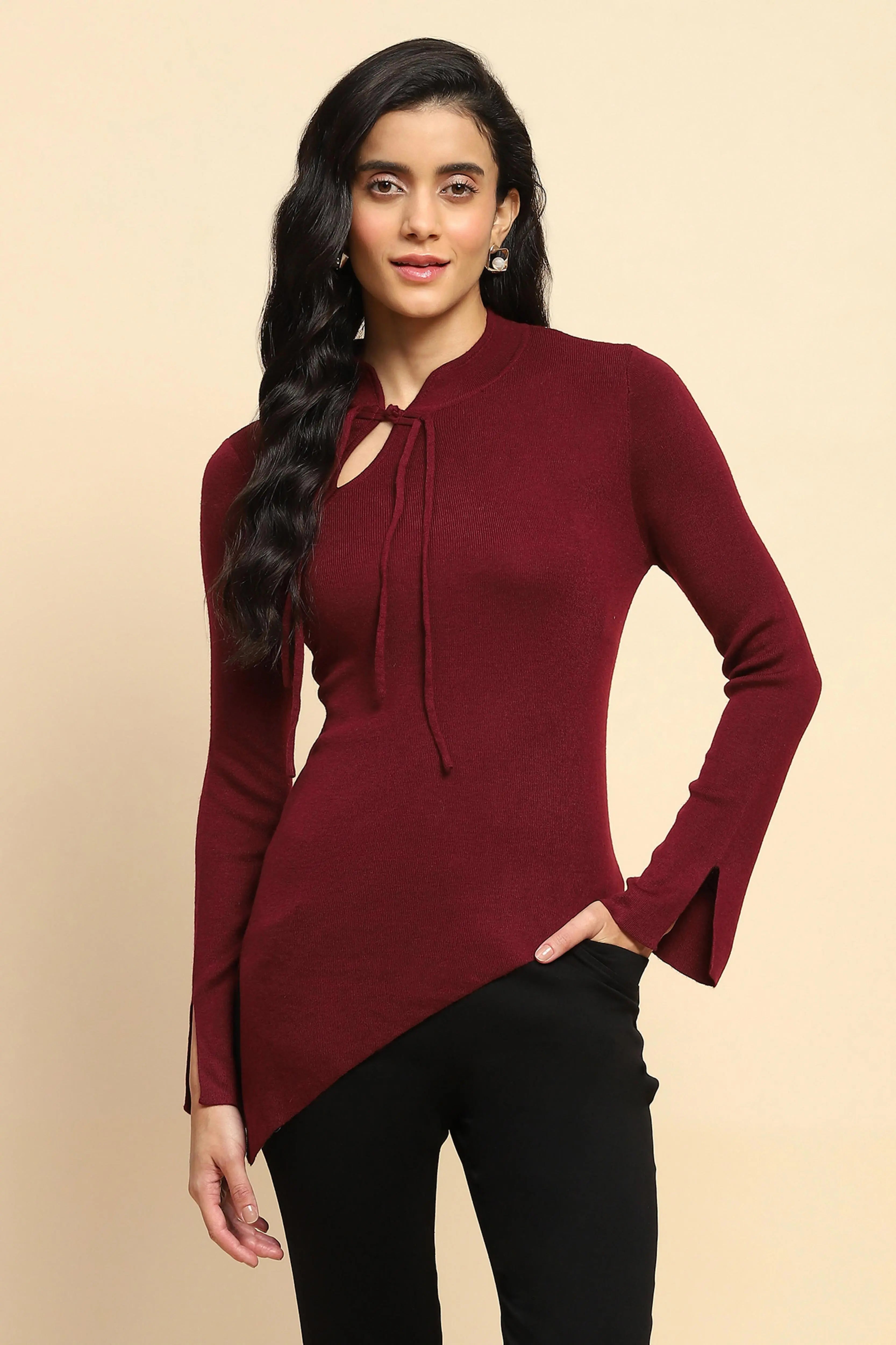 Maroon Acrylic Blend Winter Top - Global Republic