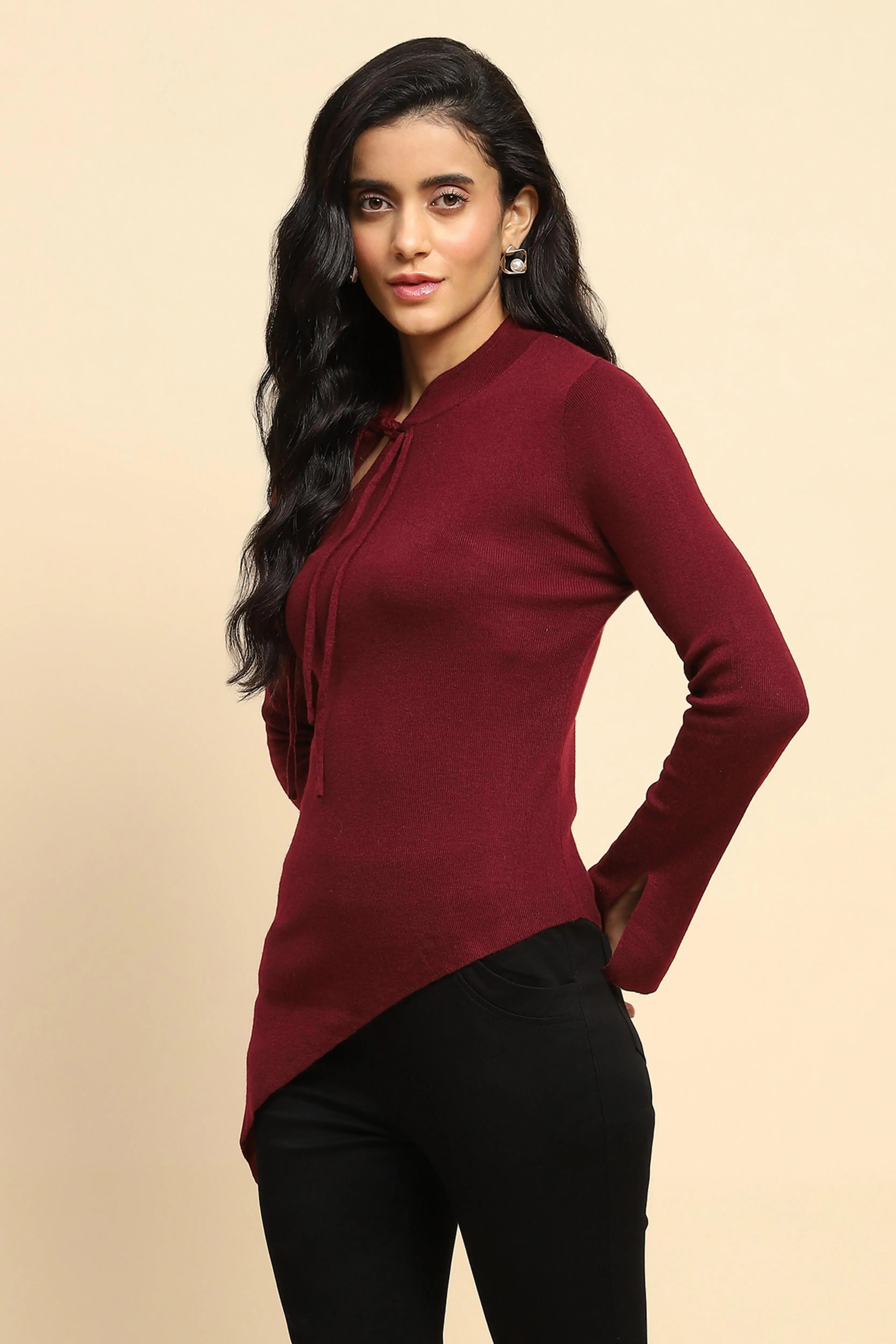 Maroon Acrylic Blend Winter Top - Global Republic