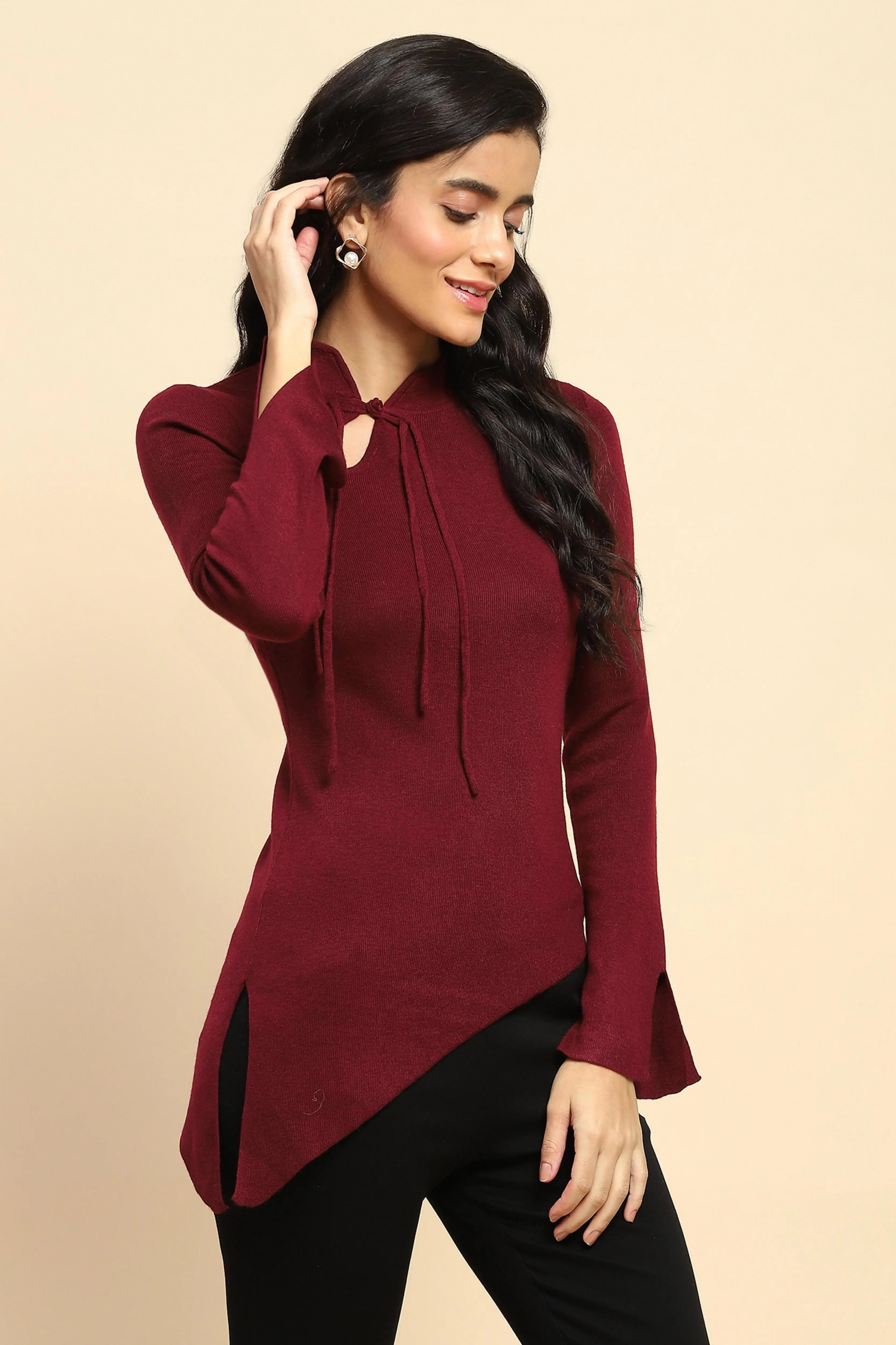 Maroon Acrylic Blend Winter Top - Global Republic