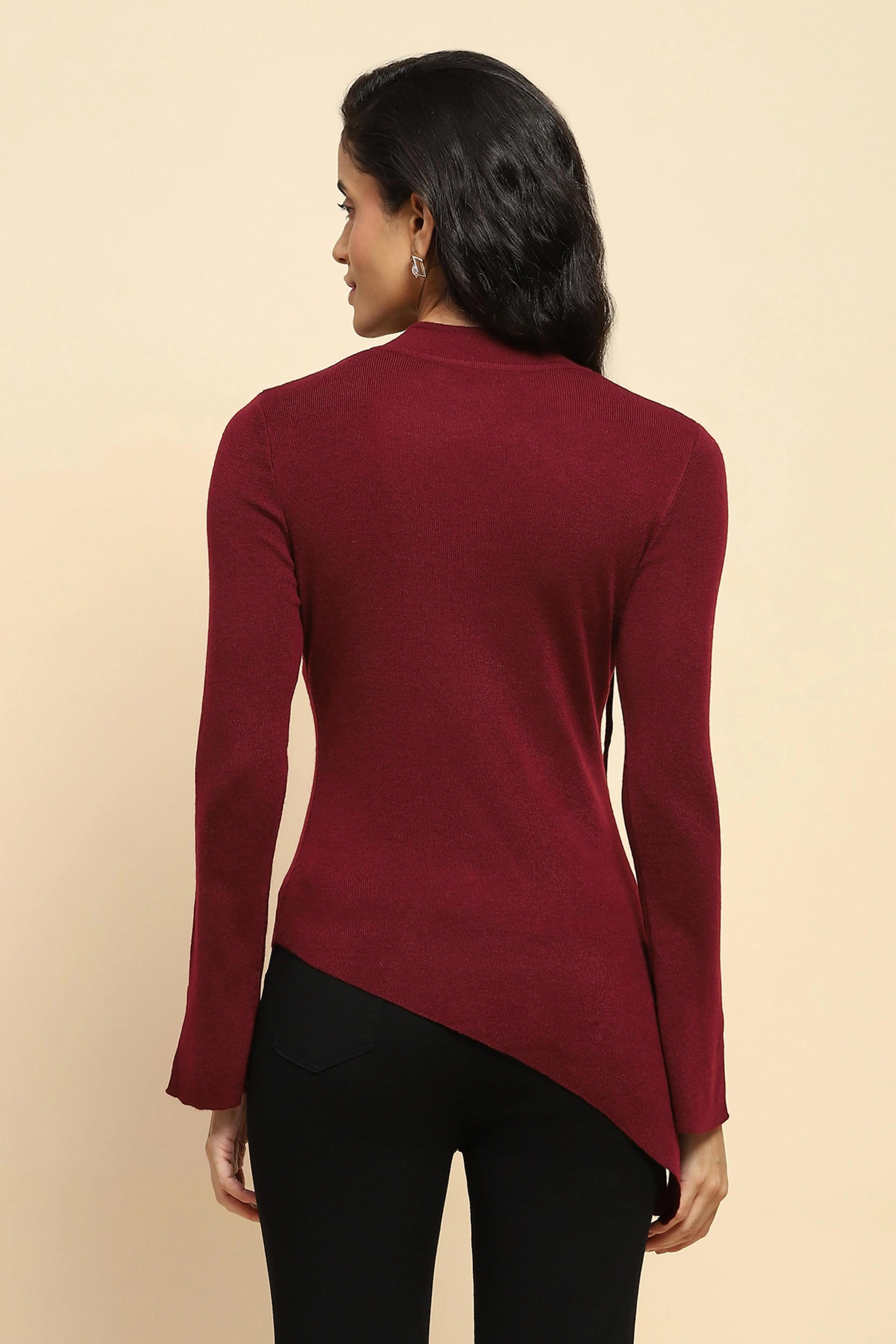 Maroon Acrylic Blend Winter Top - Global Republic