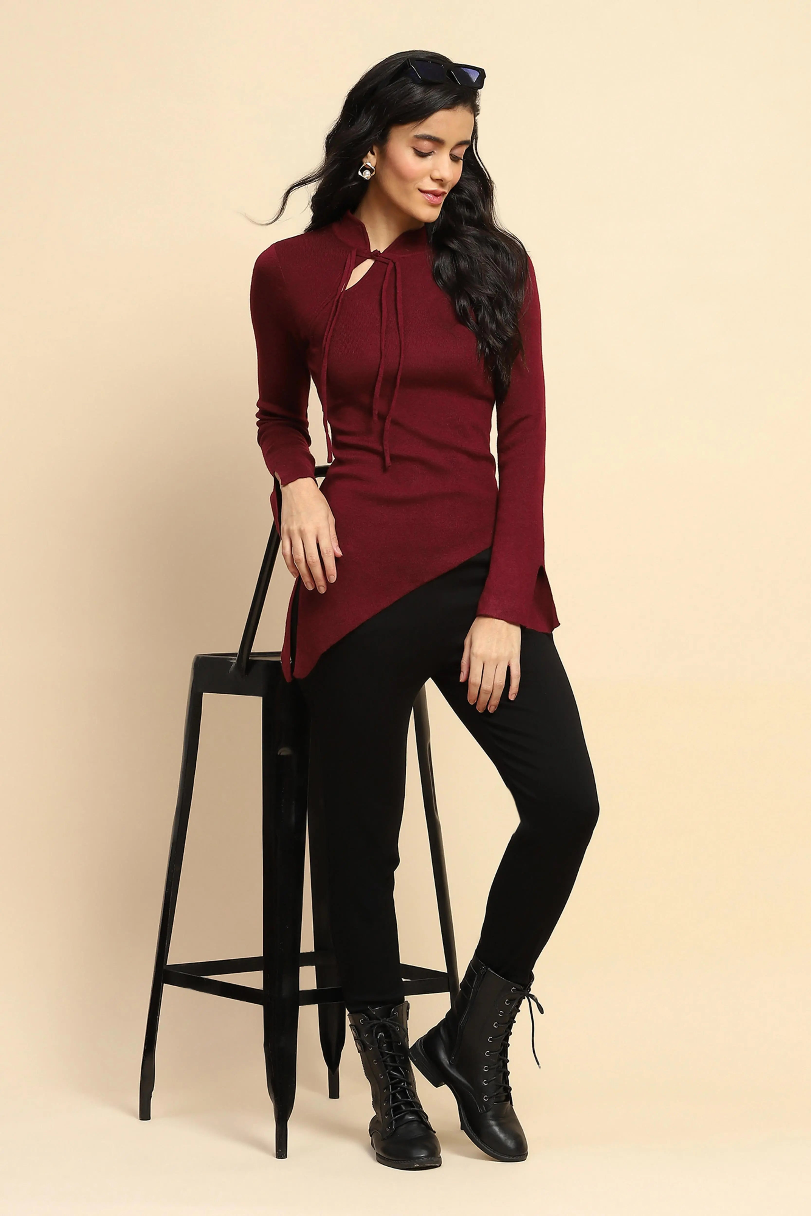 Maroon Acrylic Blend Winter Top - Global Republic