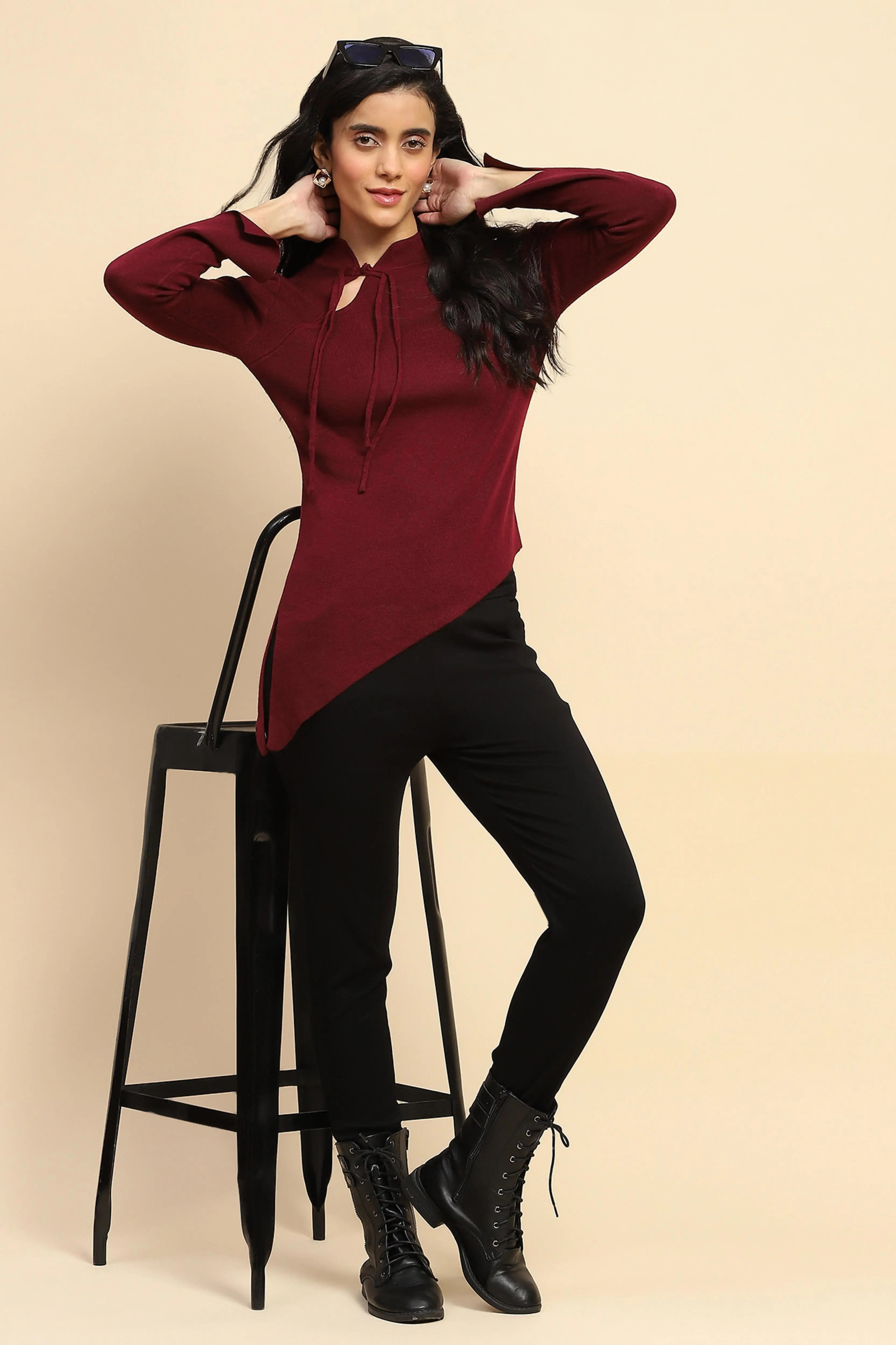 Maroon Acrylic Blend Winter Top - Global Republic