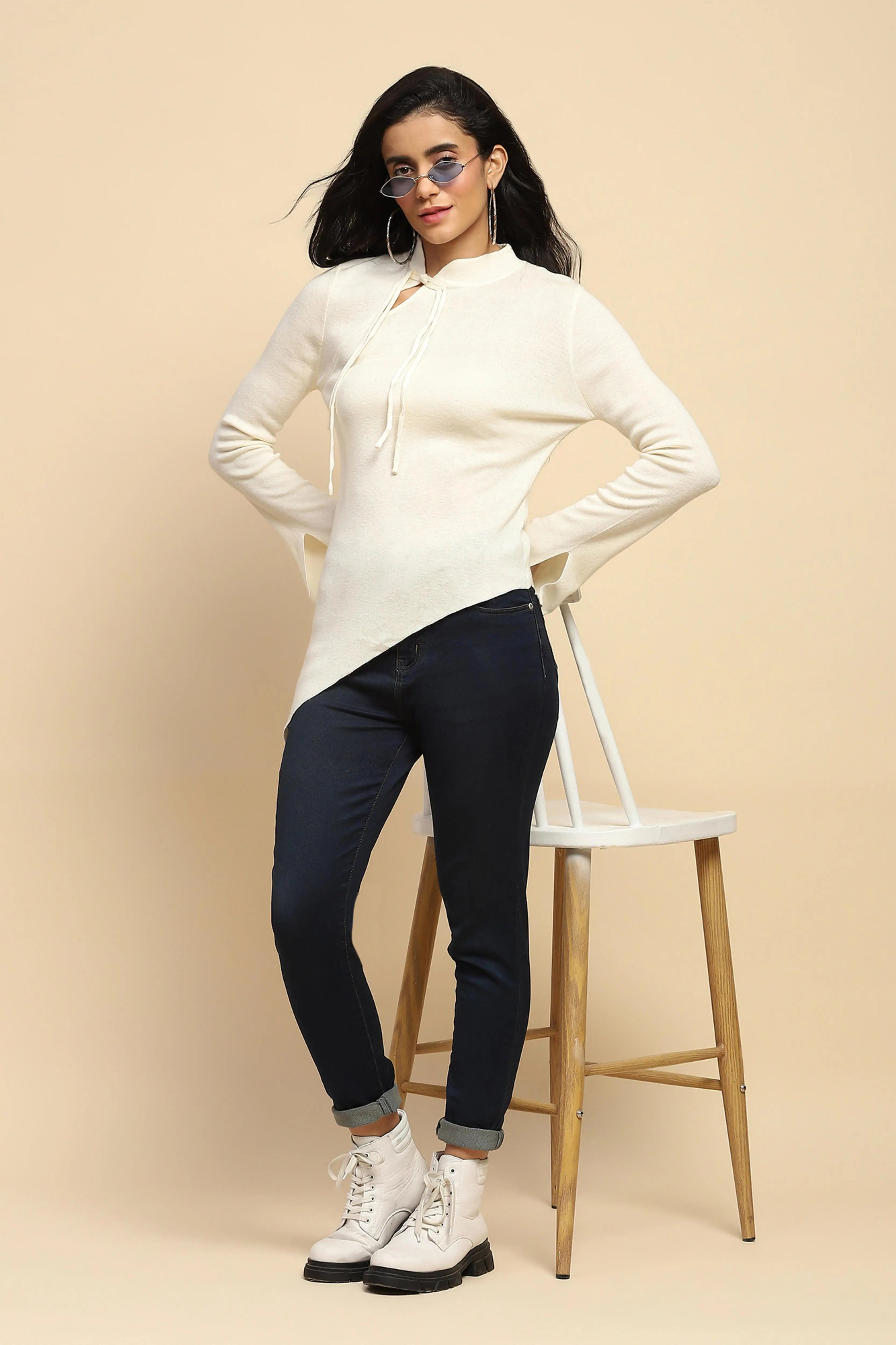 Off White Acrylic Blend Winter Top - Global Republic