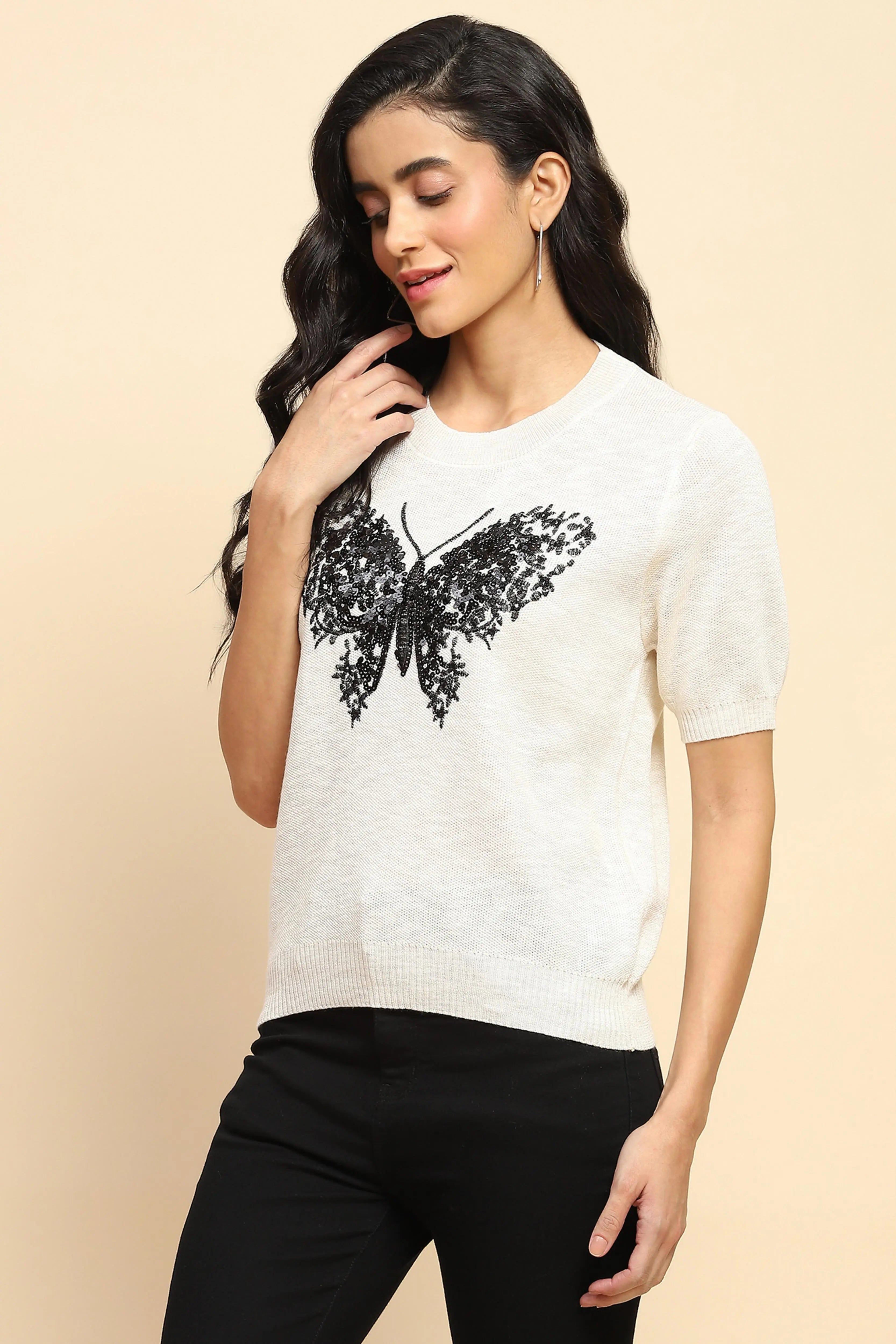Cream Embellished Viscose Top - Global Republic