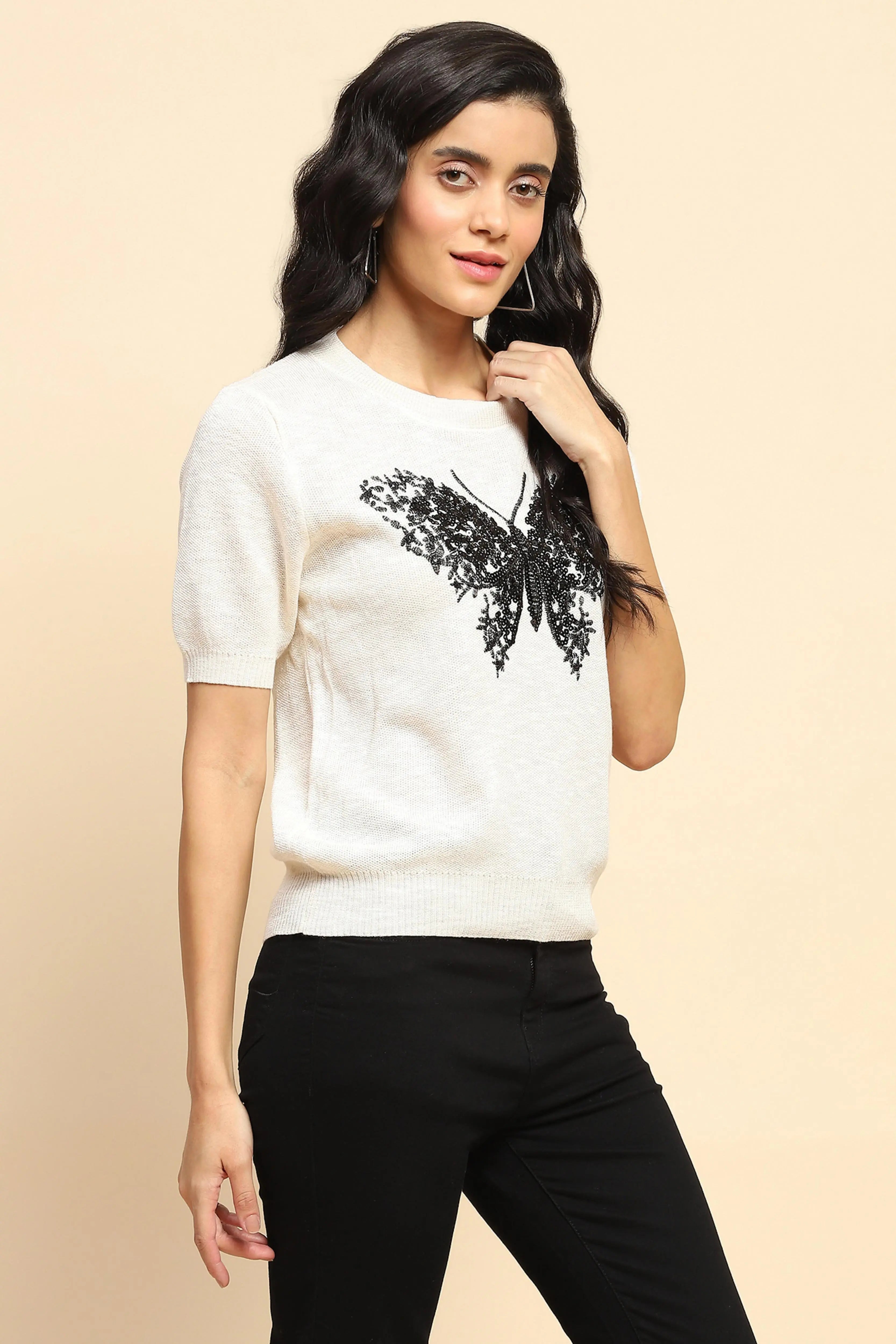 Cream Embellished Viscose Top - Global Republic
