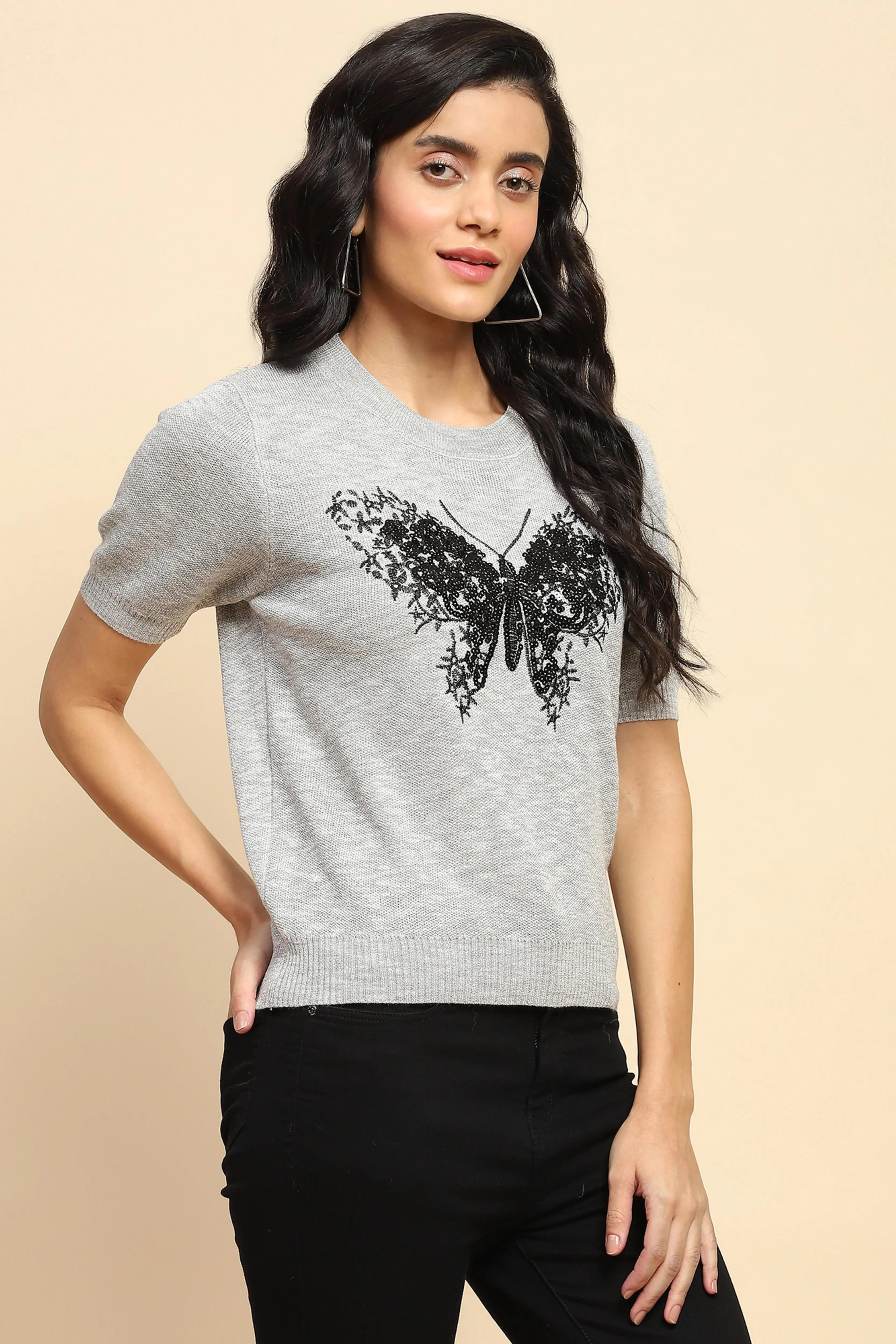 Grey Embellished Viscose Top - Global Republic