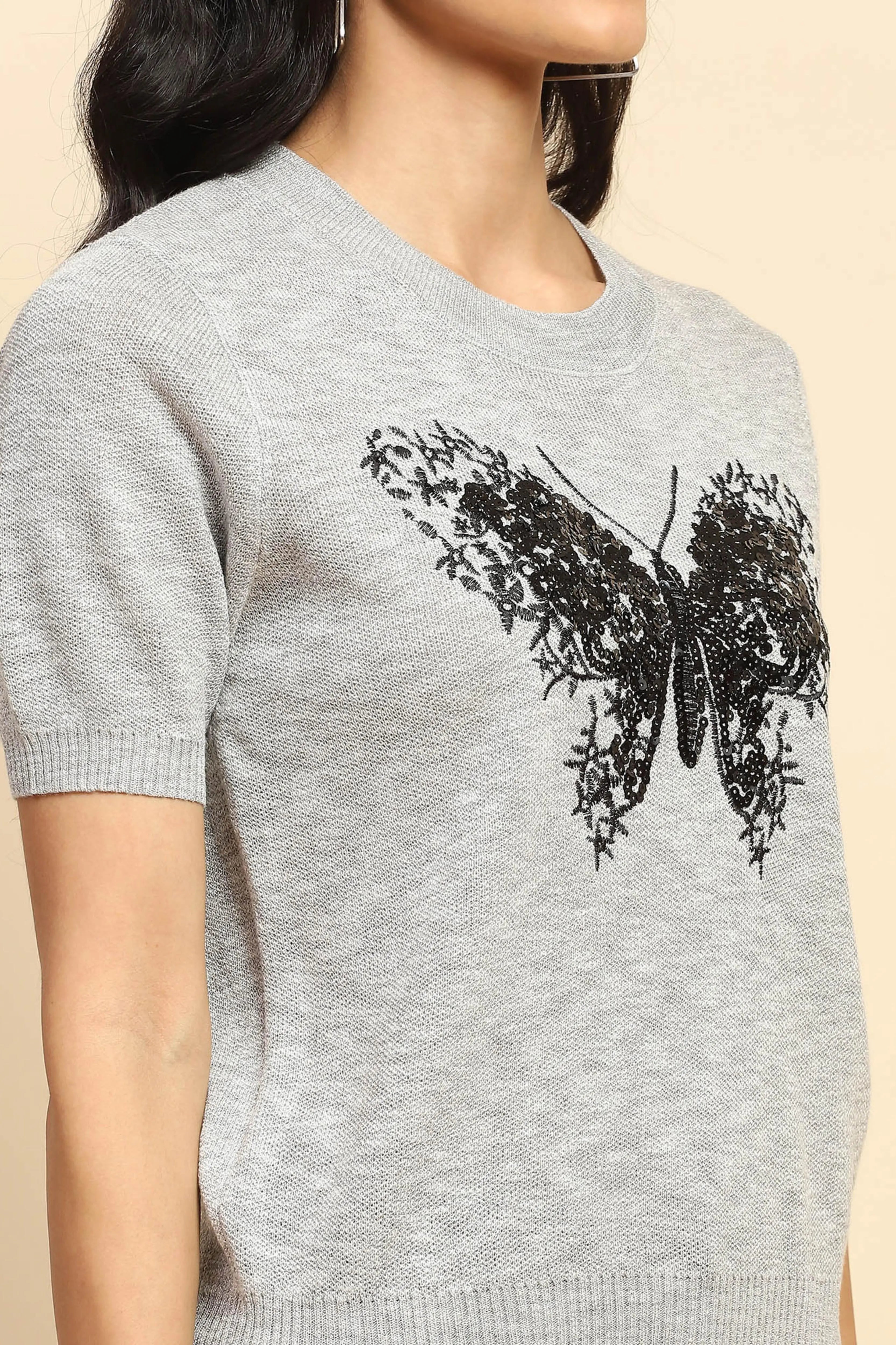 Grey Embellished Viscose Top - Global Republic