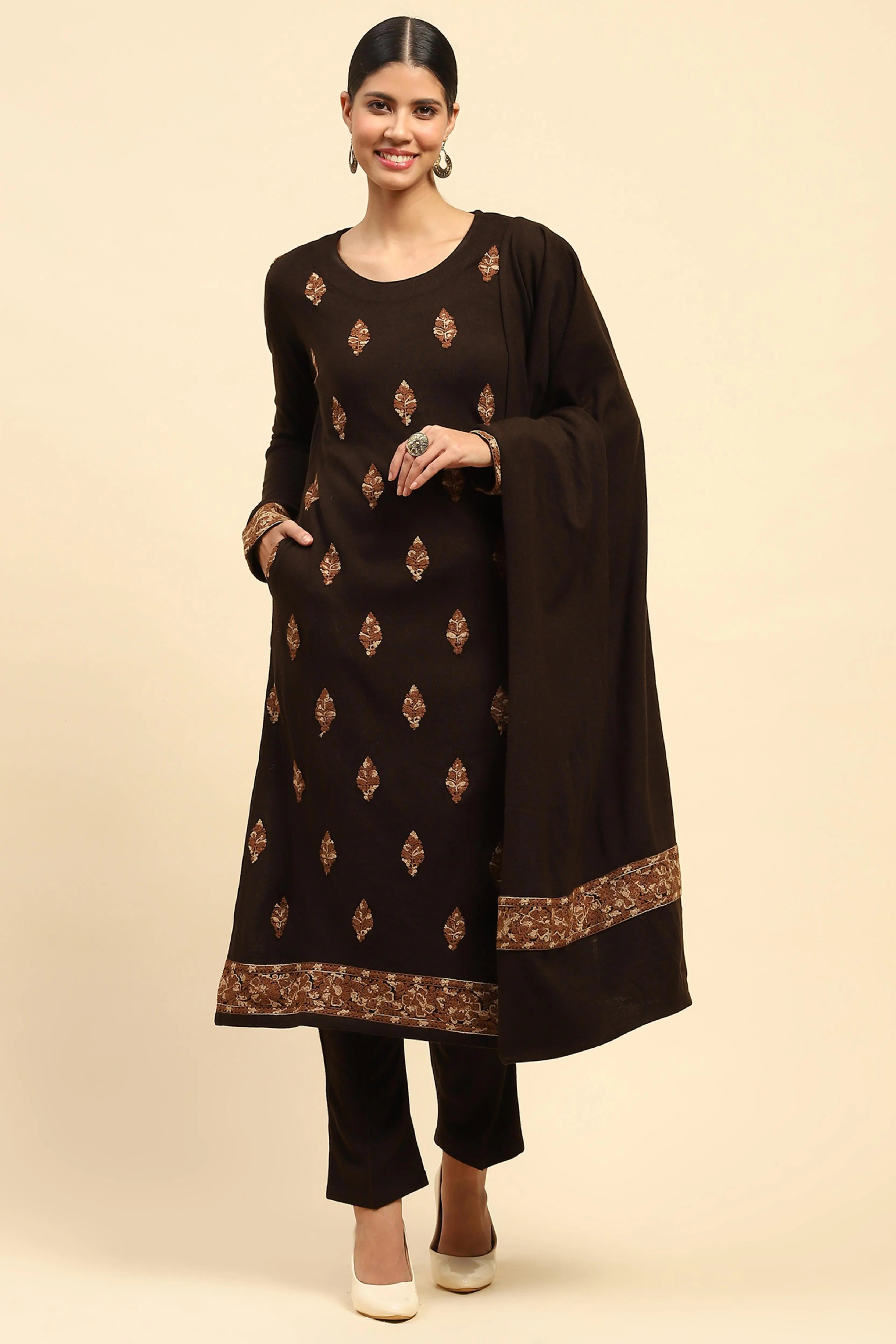 Coffee Woolen Embroidered Kurta Bottom Set With Dupatta For Winter - Global Republic