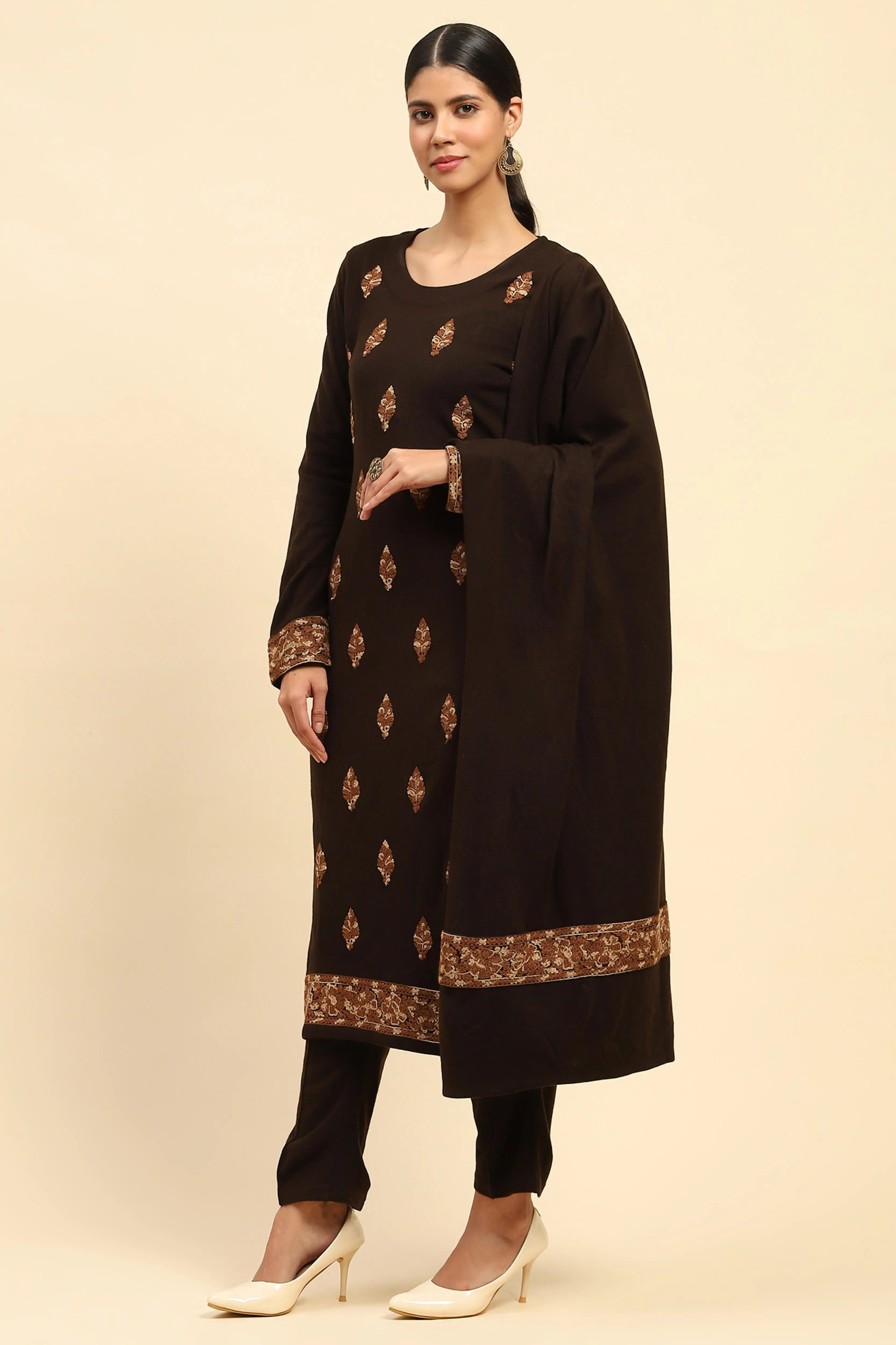 Coffee Woolen Embroidered Kurta Bottom Set With Dupatta For Winter - Global Republic