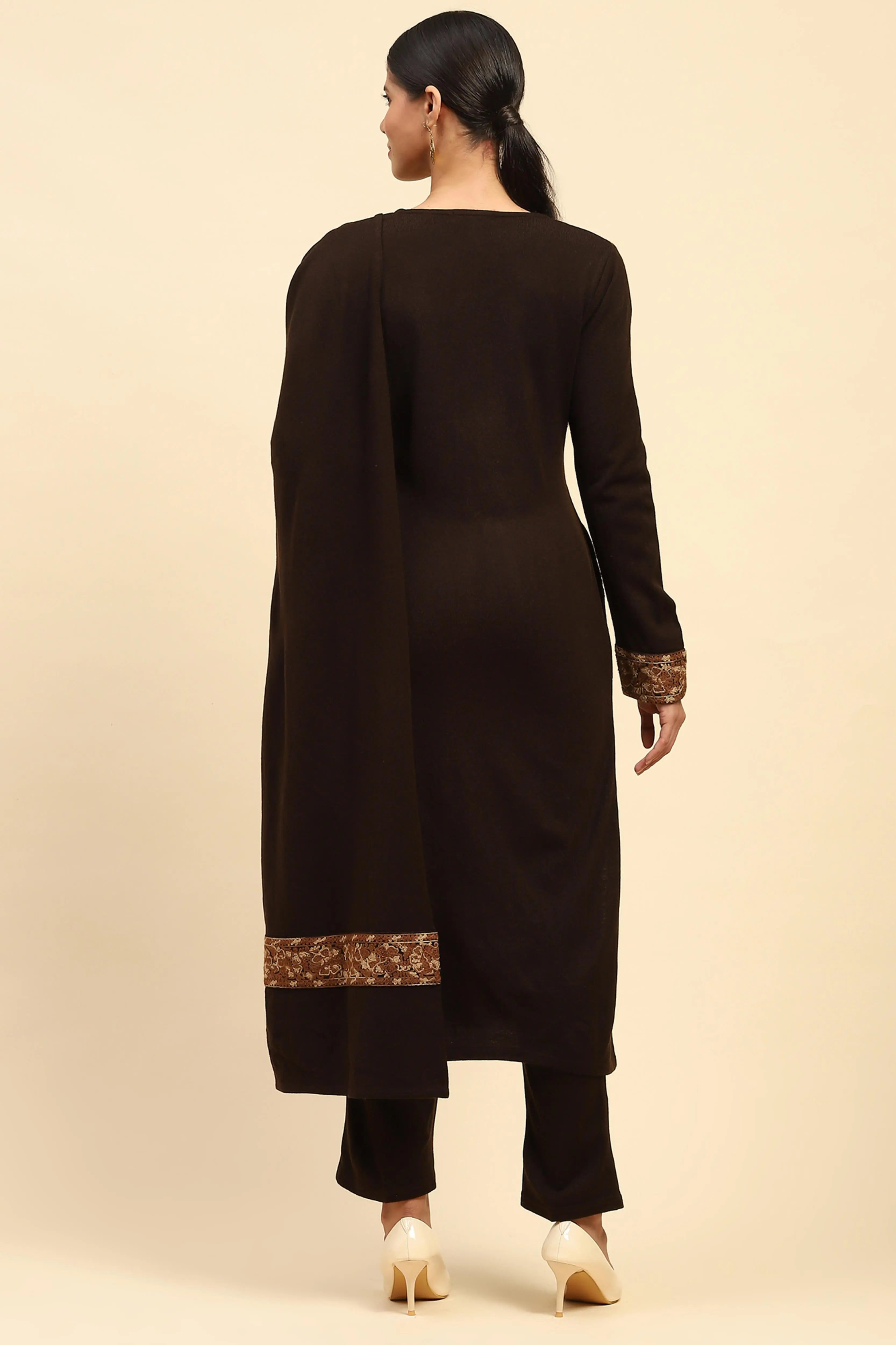 Coffee Woolen Embroidered Kurta Bottom Set With Dupatta For Winter - Global Republic