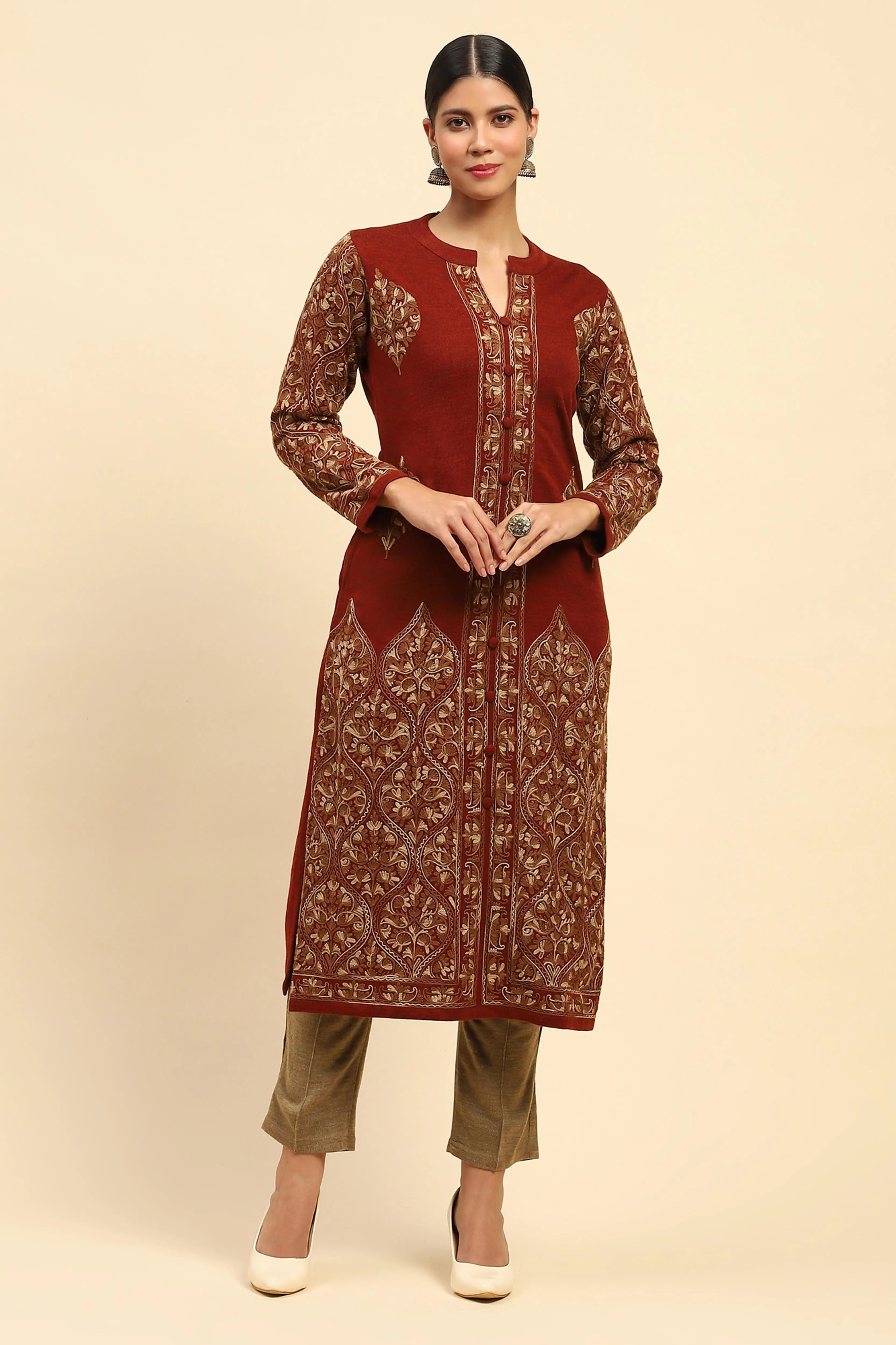 Rust Woolen Thread Embroidered Notch Neck Kurta - Global Republic