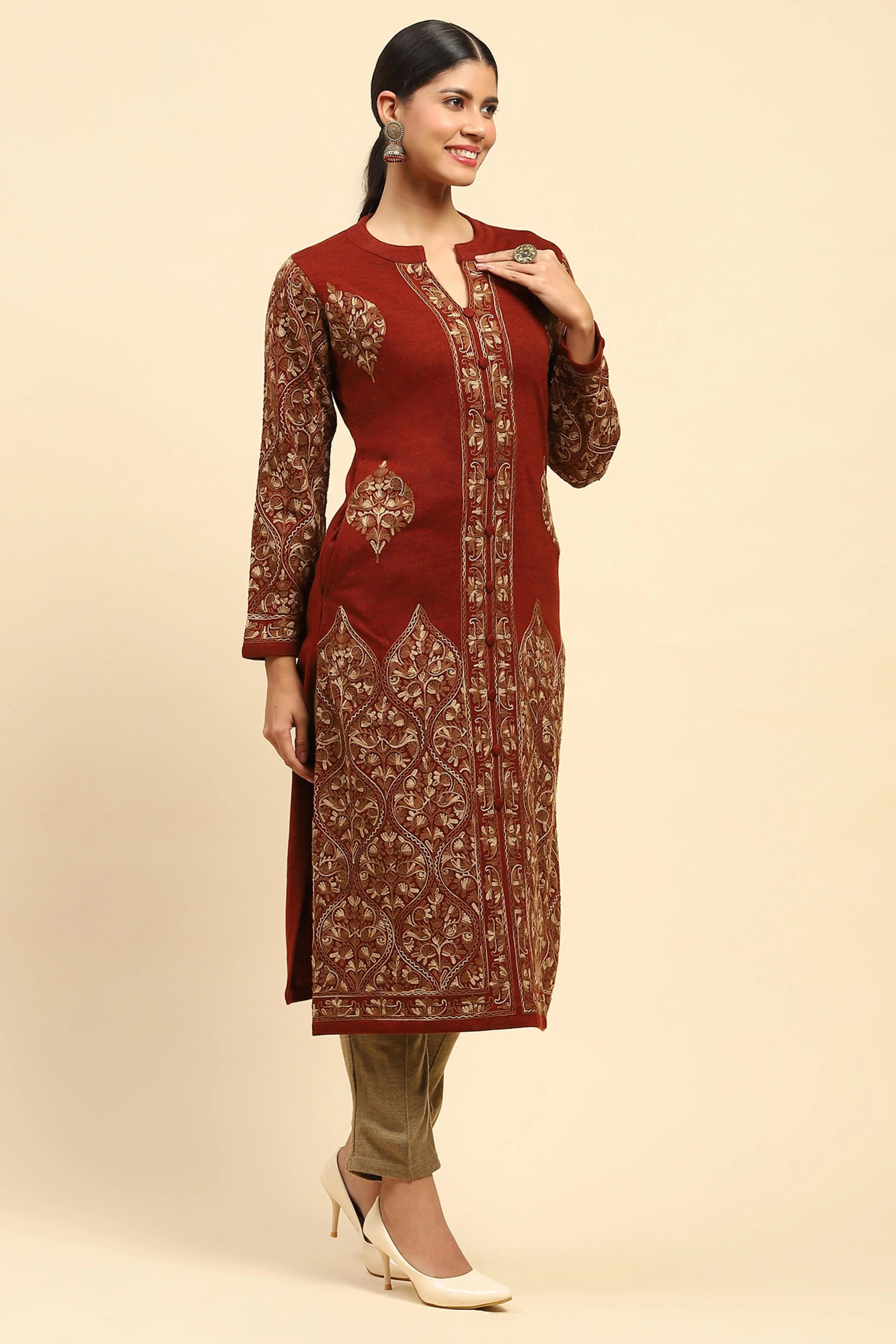 Rust Woolen Thread Embroidered Notch Neck Kurta - Global Republic