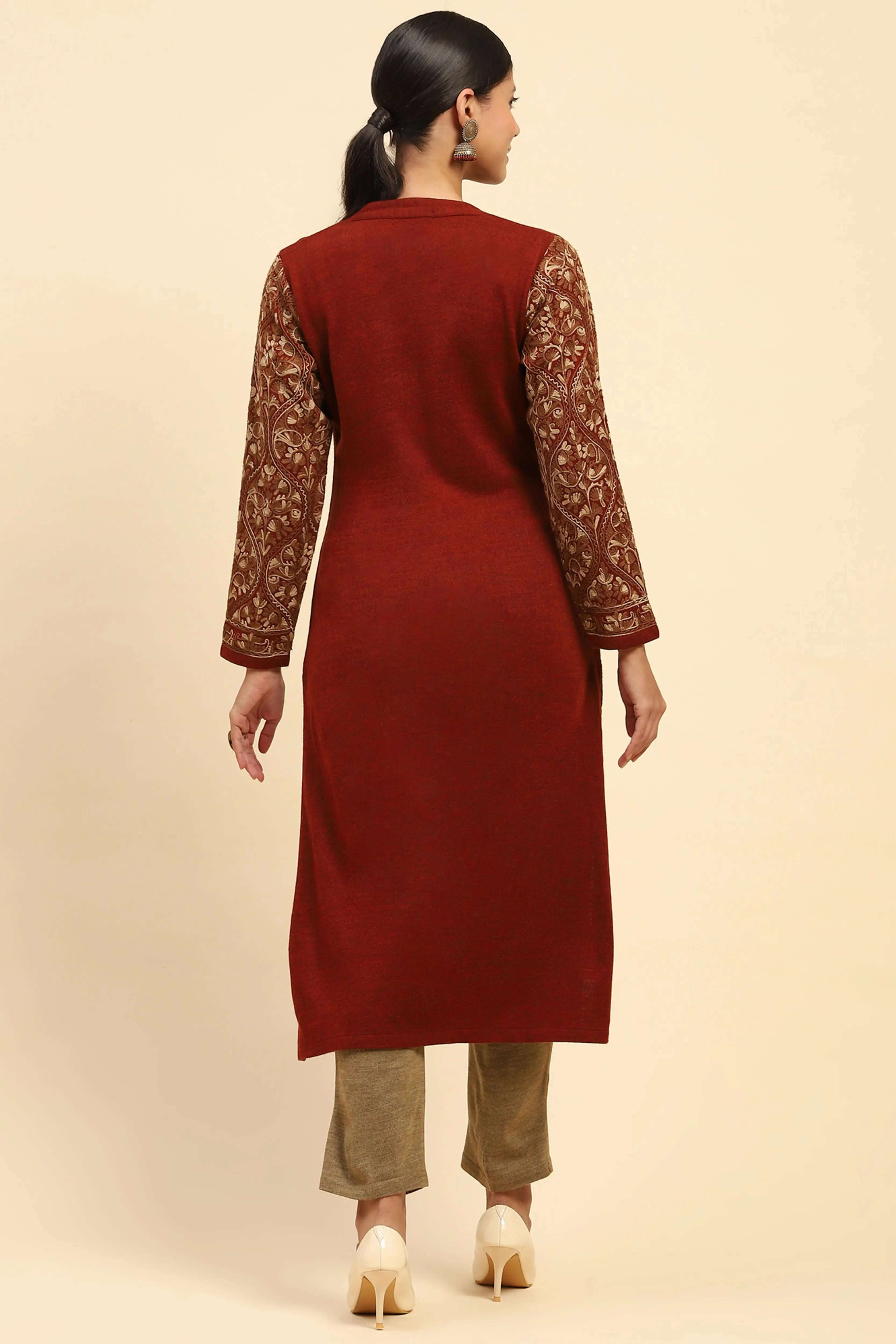 Rust Woolen Thread Embroidered Notch Neck Kurta - Global Republic
