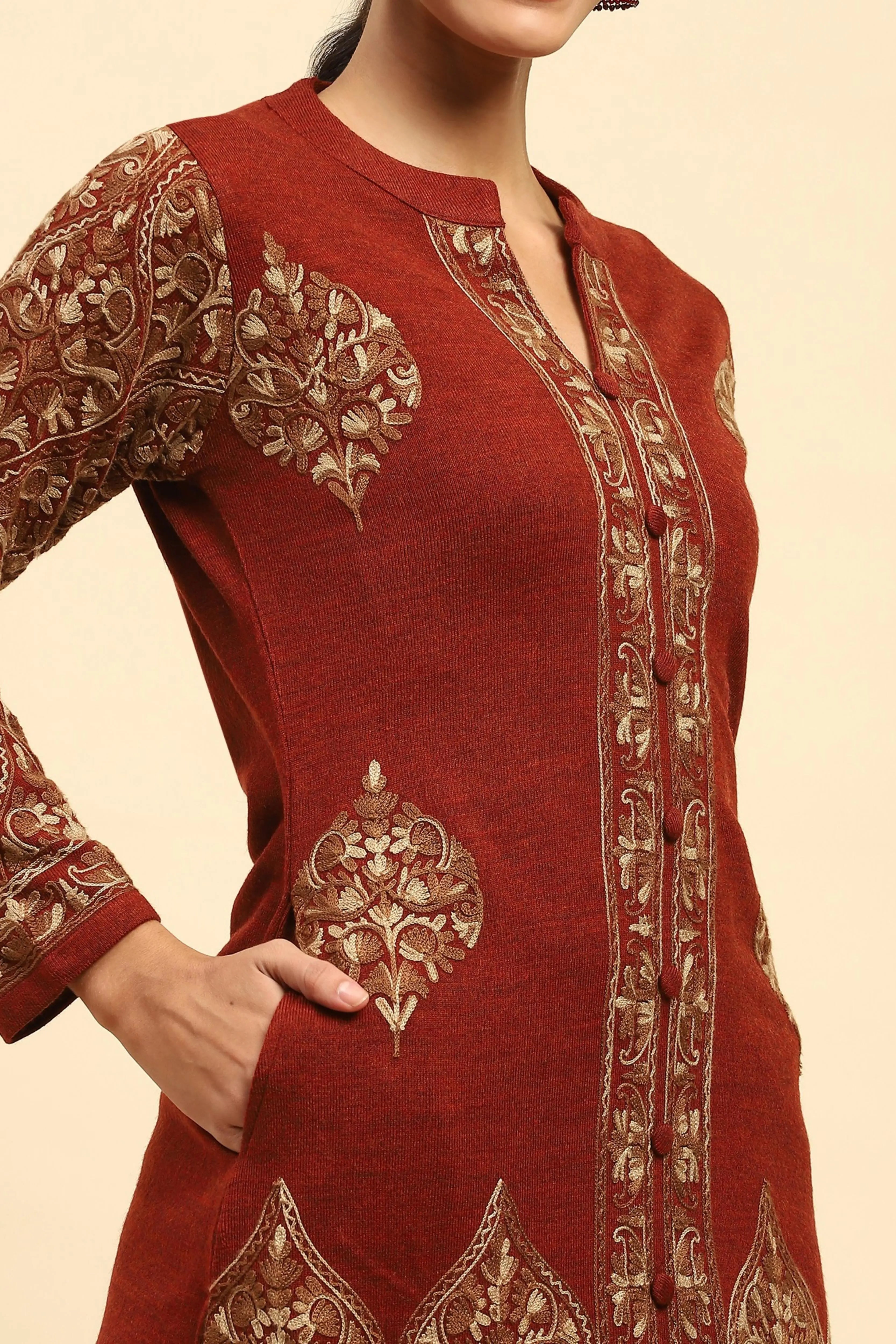 Rust Woolen Thread Embroidered Notch Neck Kurta - Global Republic